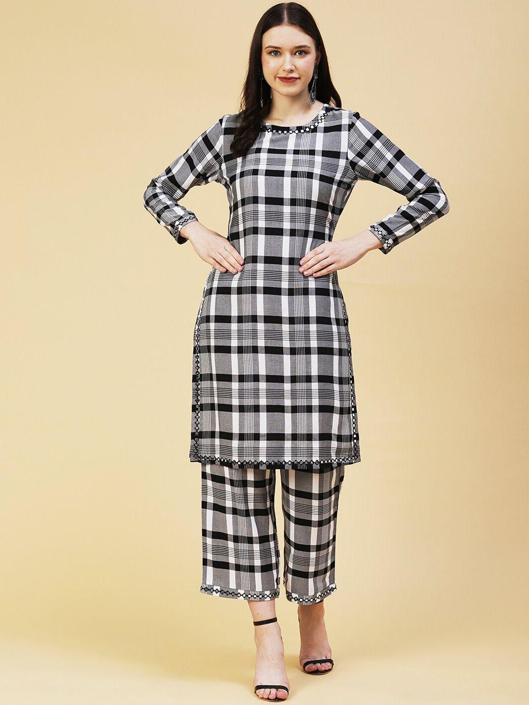 fashor women checked mirror work kurta with palazzos