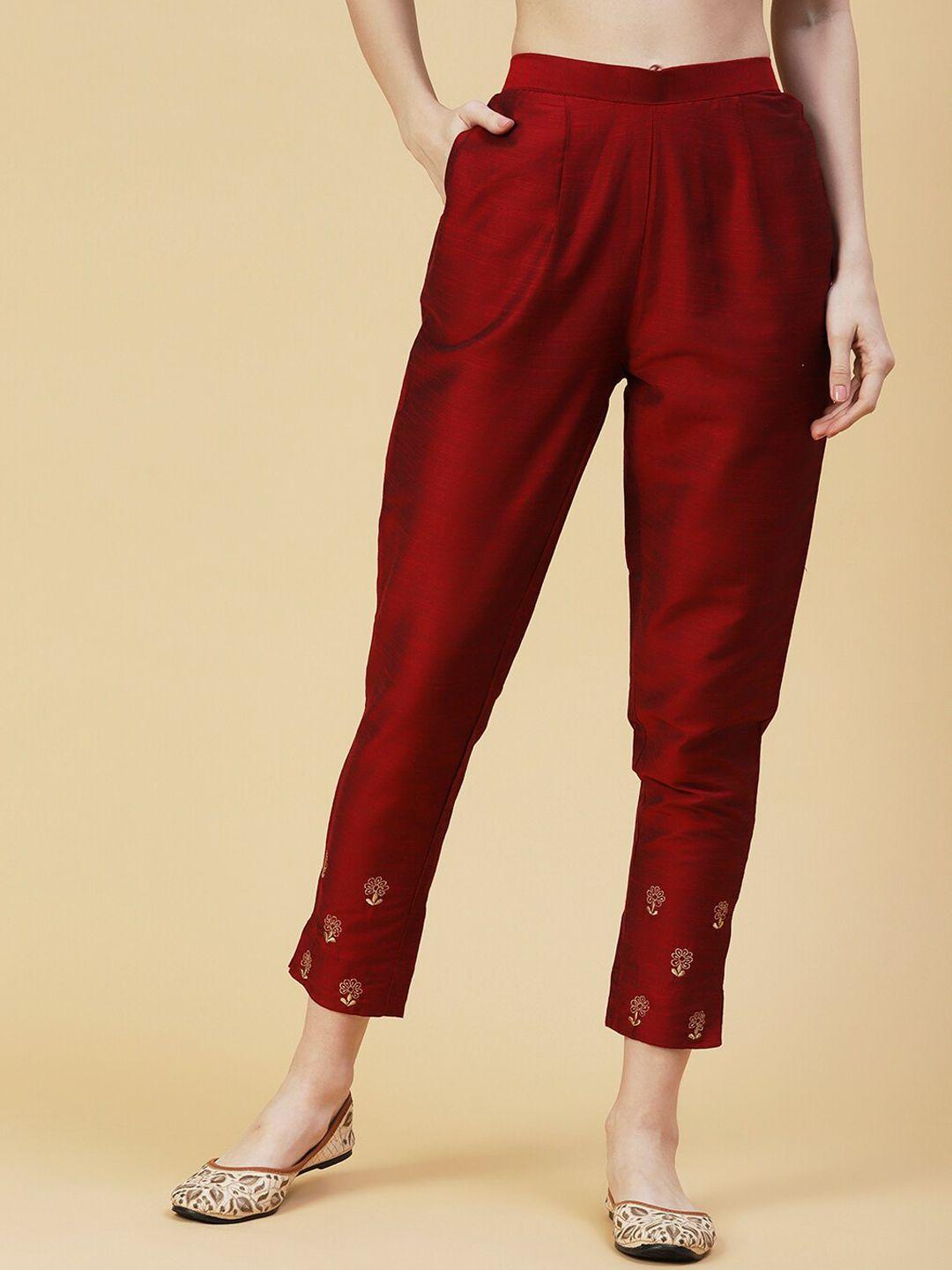 fashor women comfort fit zari floral embroidered trousers