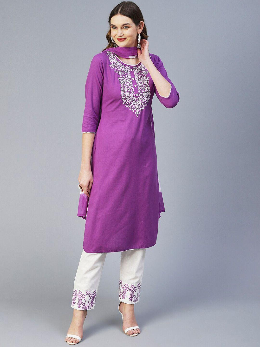 fashor women embroidered thread work pure cotton kurta with trousers & with dupatta