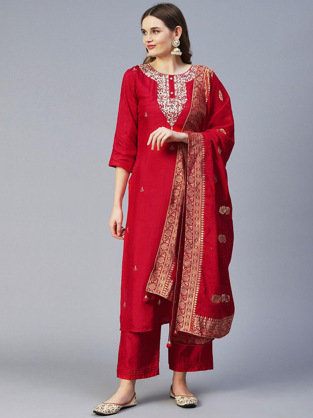 fashor women ethnic motifs embroidered beads and stones kurta with trousers & with dupatta