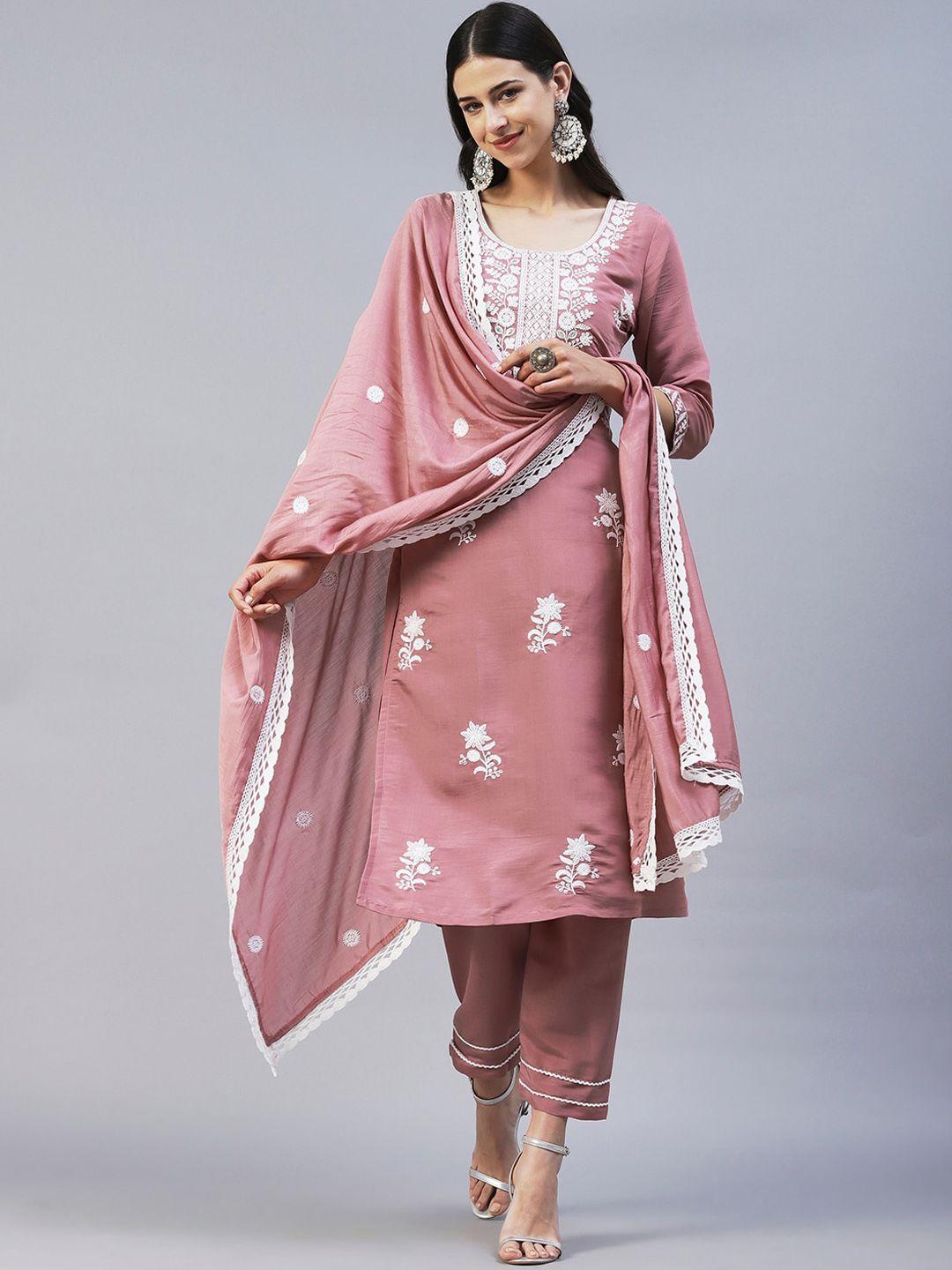 fashor women ethnic motifs embroidered chikankari kurta with trousers & dupatta