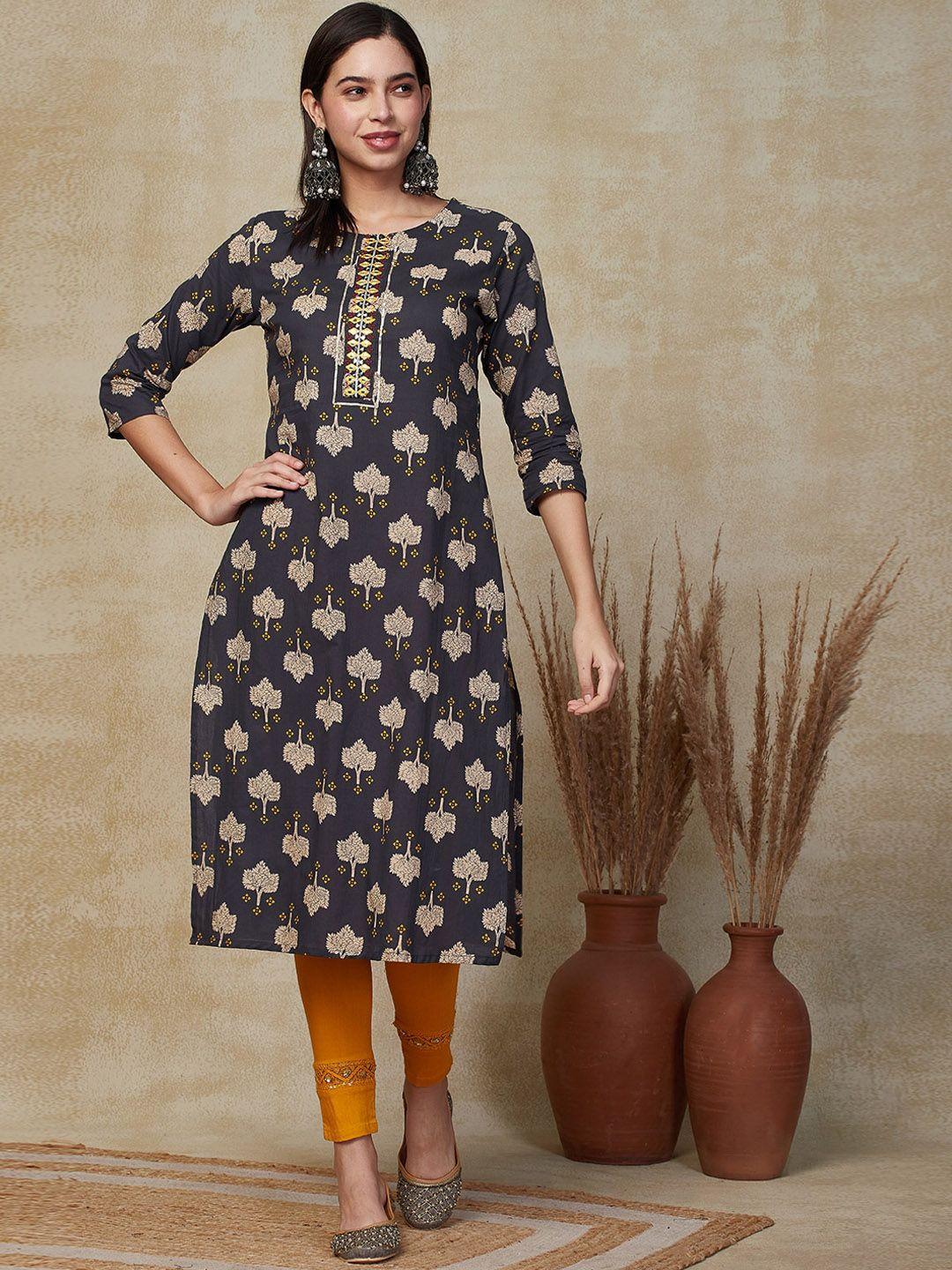 fashor women ethnic motifs embroidered keyhole neck thread work kurta