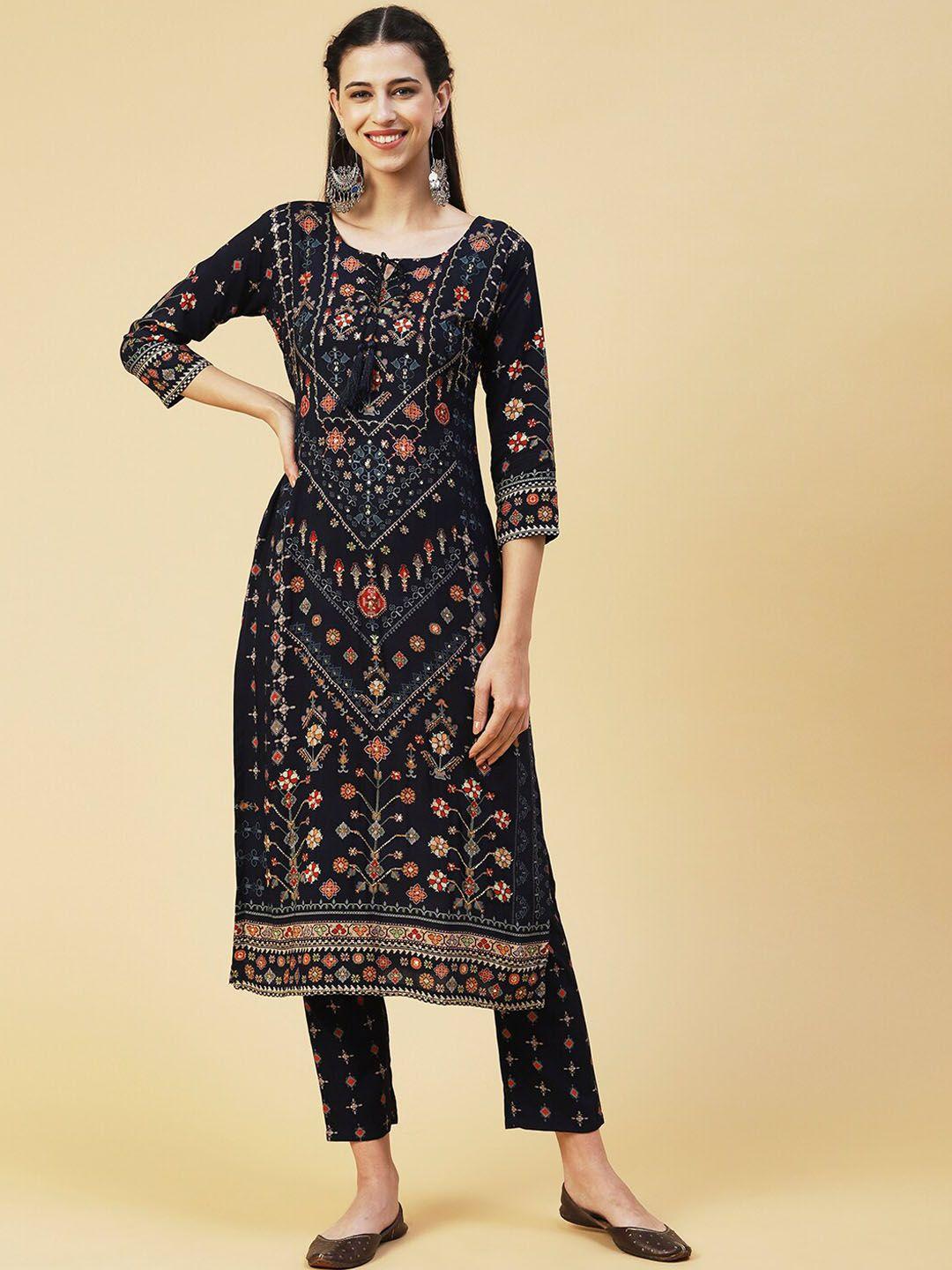 fashor women ethnic motifs printed beads and stones kurta with trousers