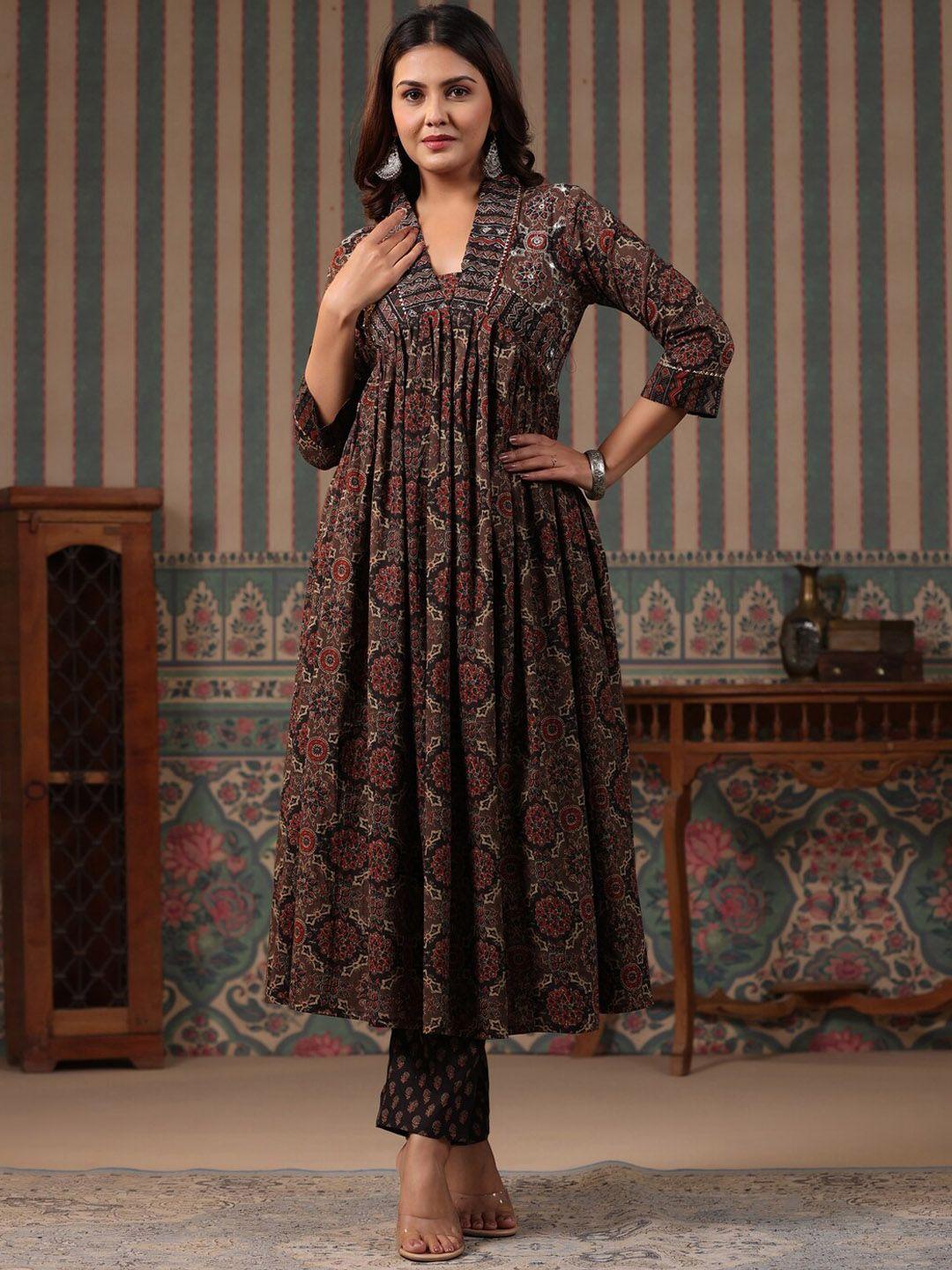 fashor women ethnic motifs printed empire mirror work pure cotton kurta with trousers