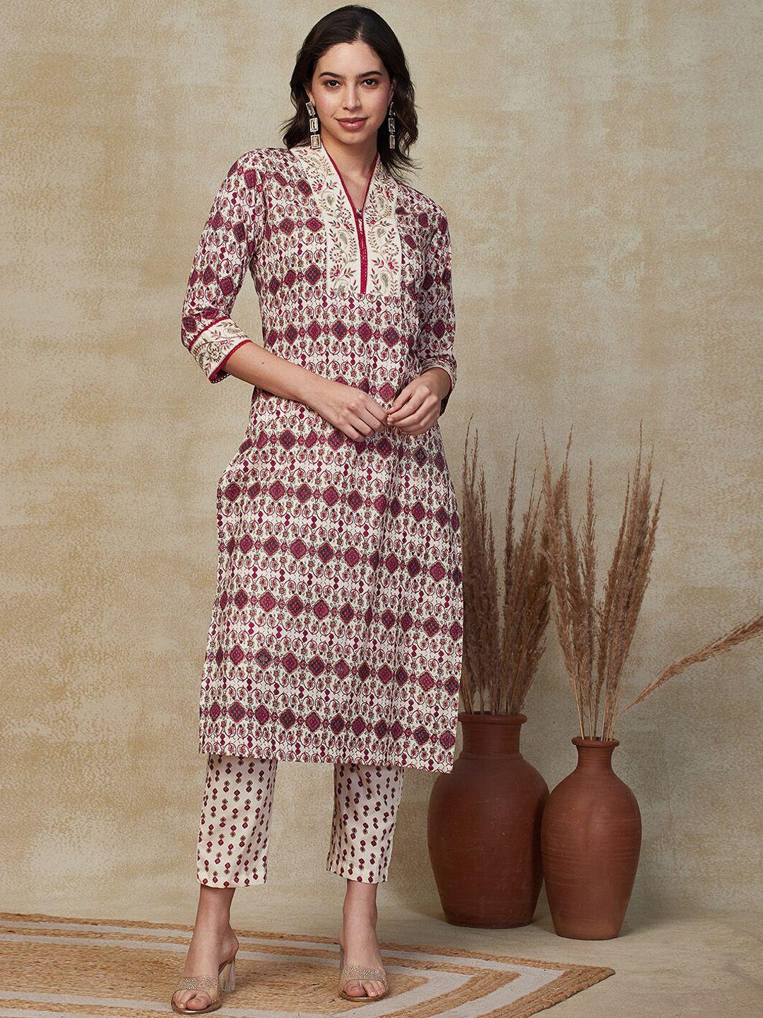 fashor women ethnic motifs printed regular mirror work pure cotton kurta with trousers