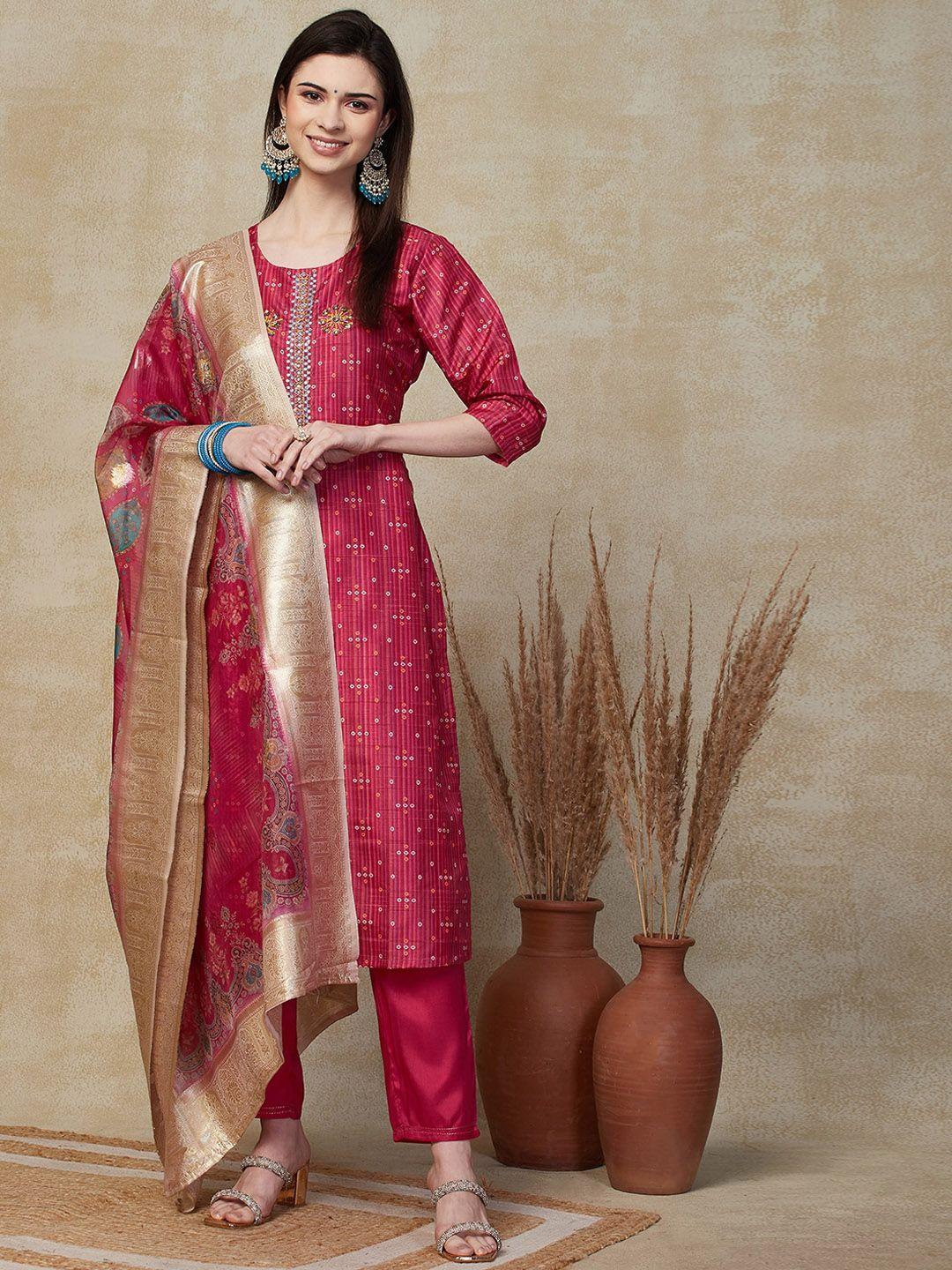 fashor women ethnic motifs printed regular sequinned chanderi cotton kurta with trousers & with dupatta