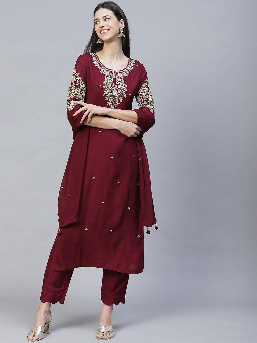 fashor women floral embroidered beads and stones kurta with salwar & with dupatta