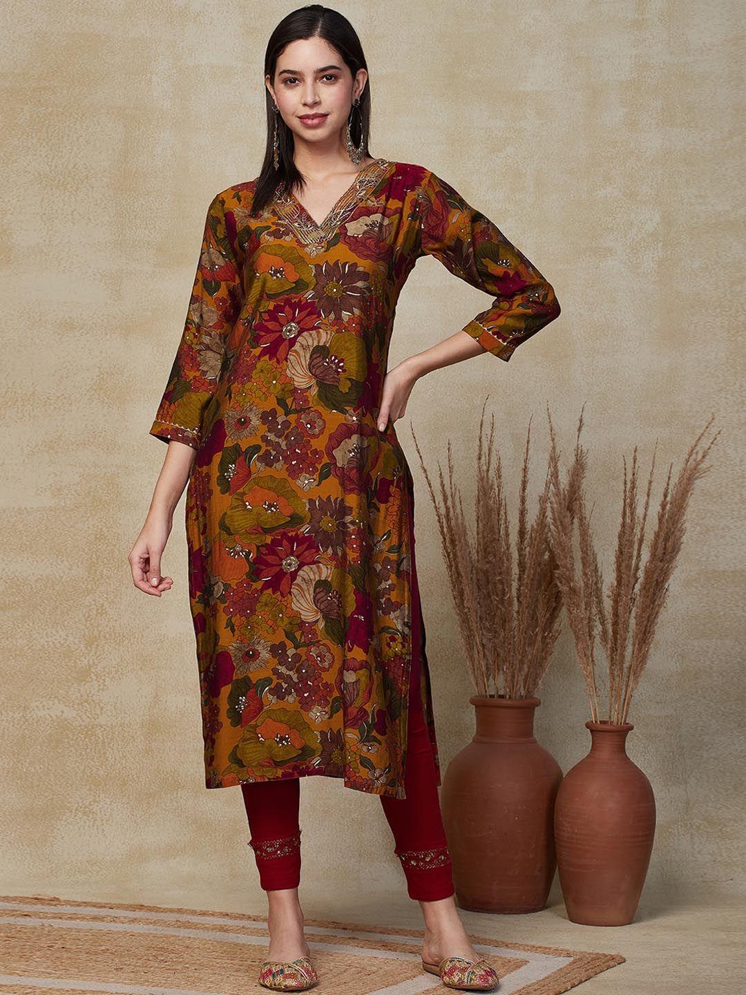 fashor women floral embroidered flared sleeves thread work kurta