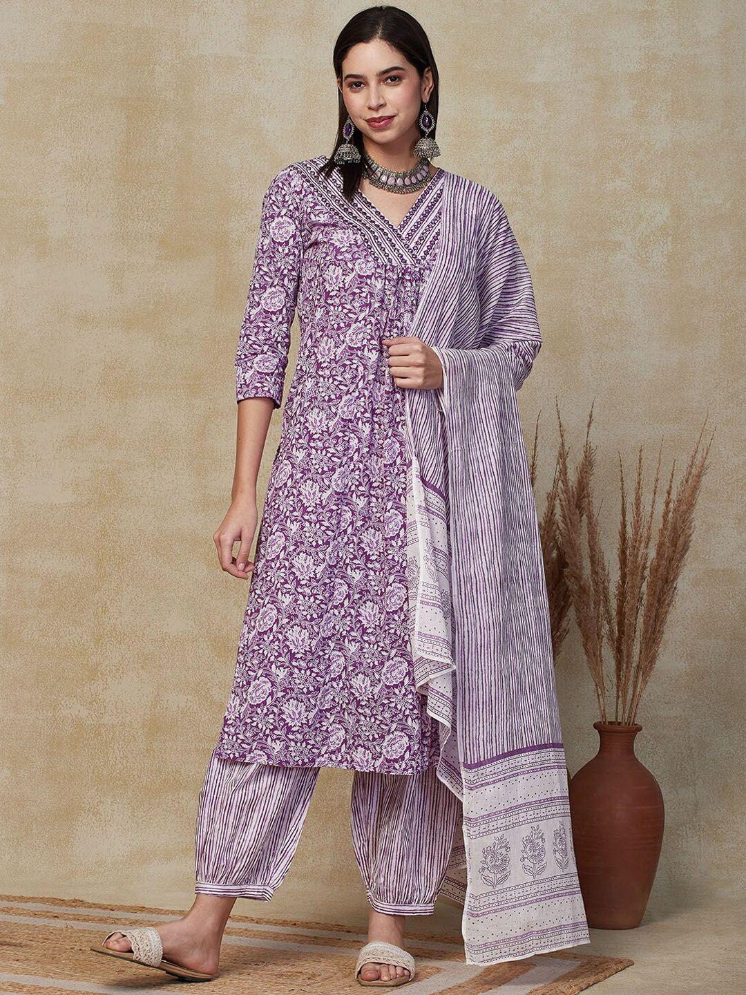 fashor women floral embroidered pleated mirror work pure cotton kurta with salwar & with dupatta