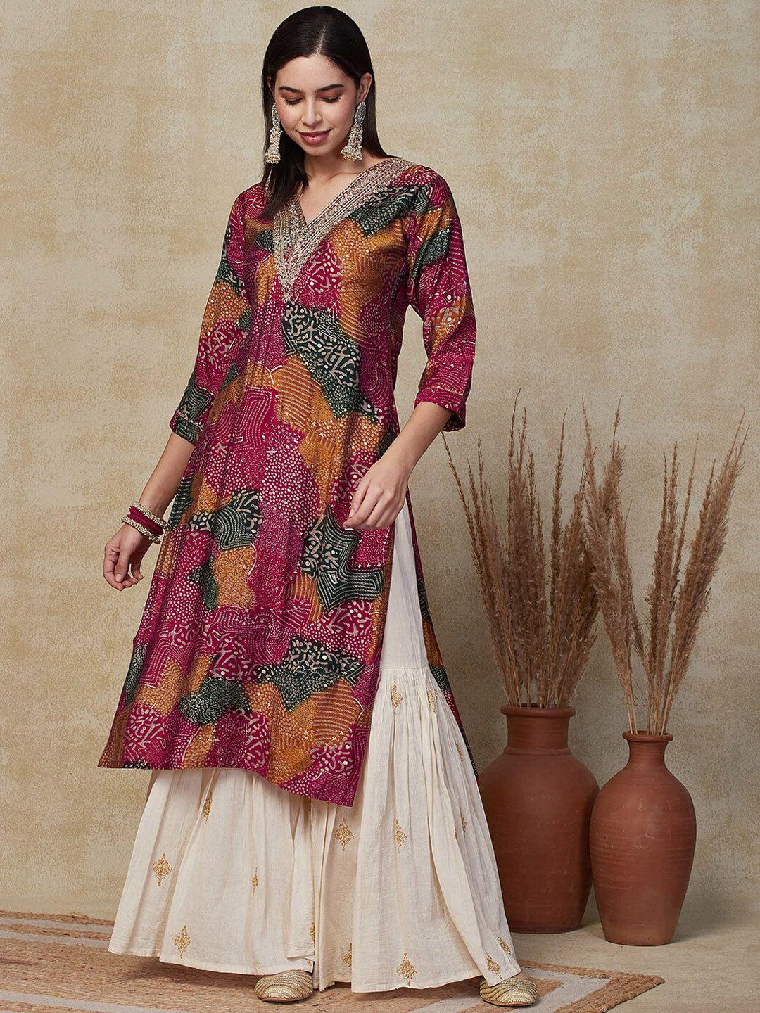 fashor women floral printed cold-shoulder sleeves sequinned kurta