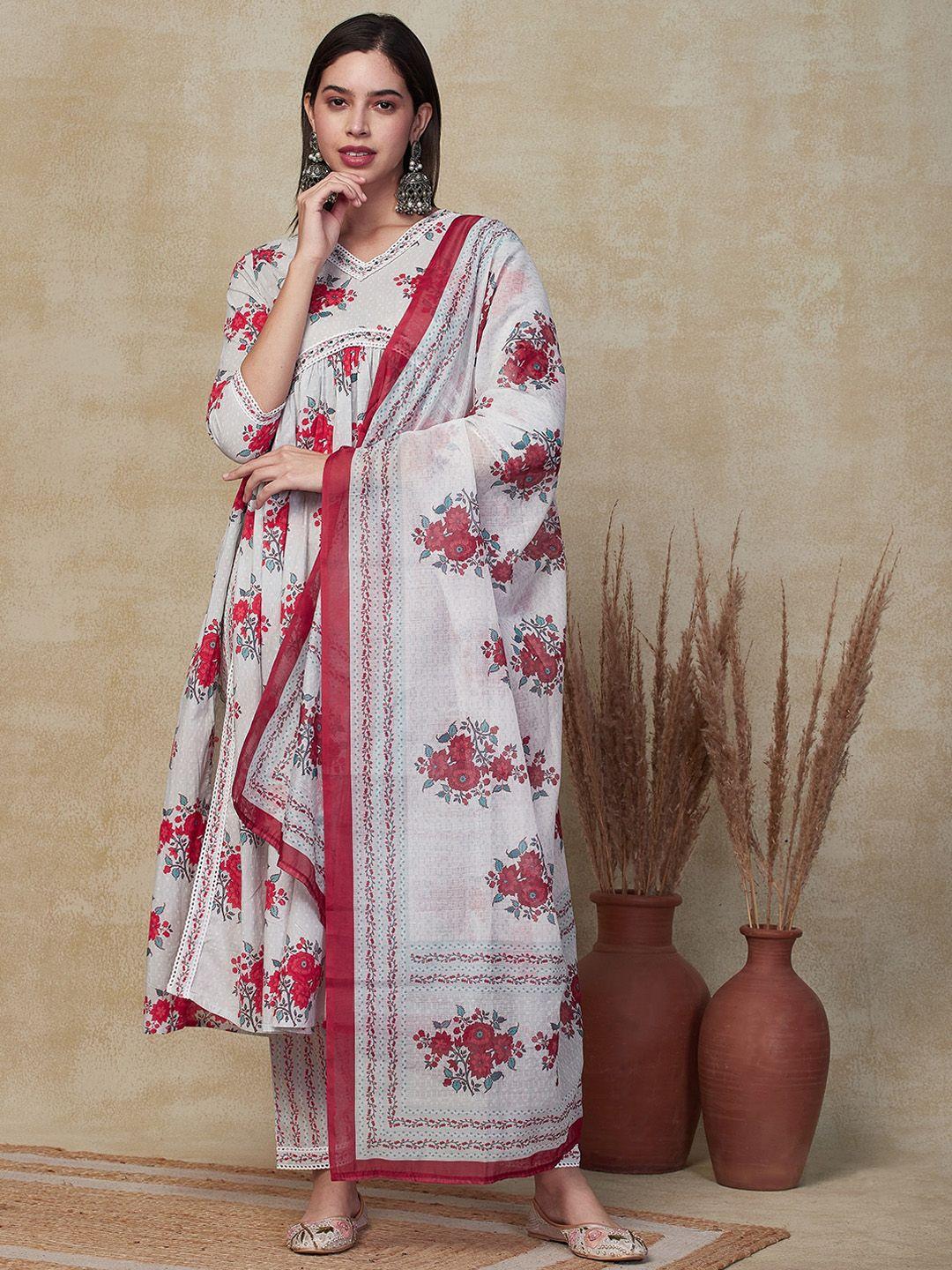 fashor women floral printed empire pure cotton kurta with trousers & with dupatta