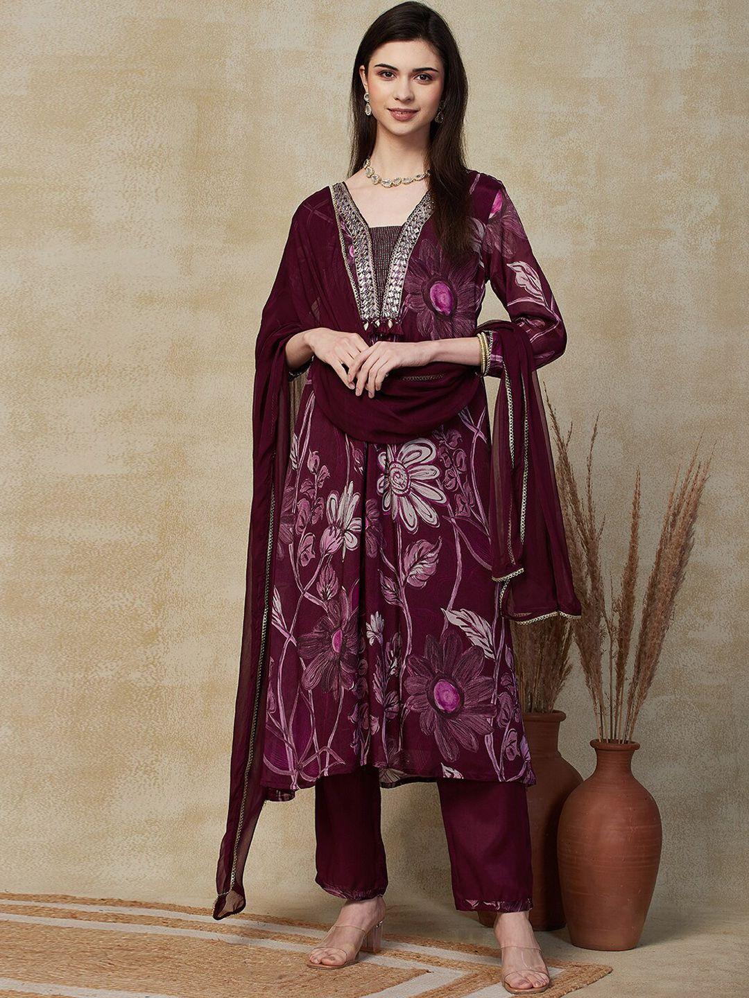 fashor women floral printed pleated sequinned kurta with trousers & with dupatta