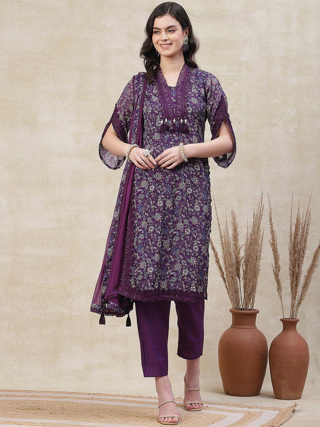 fashor women floral printed regular beads and stones kurta with trousers & with dupatta