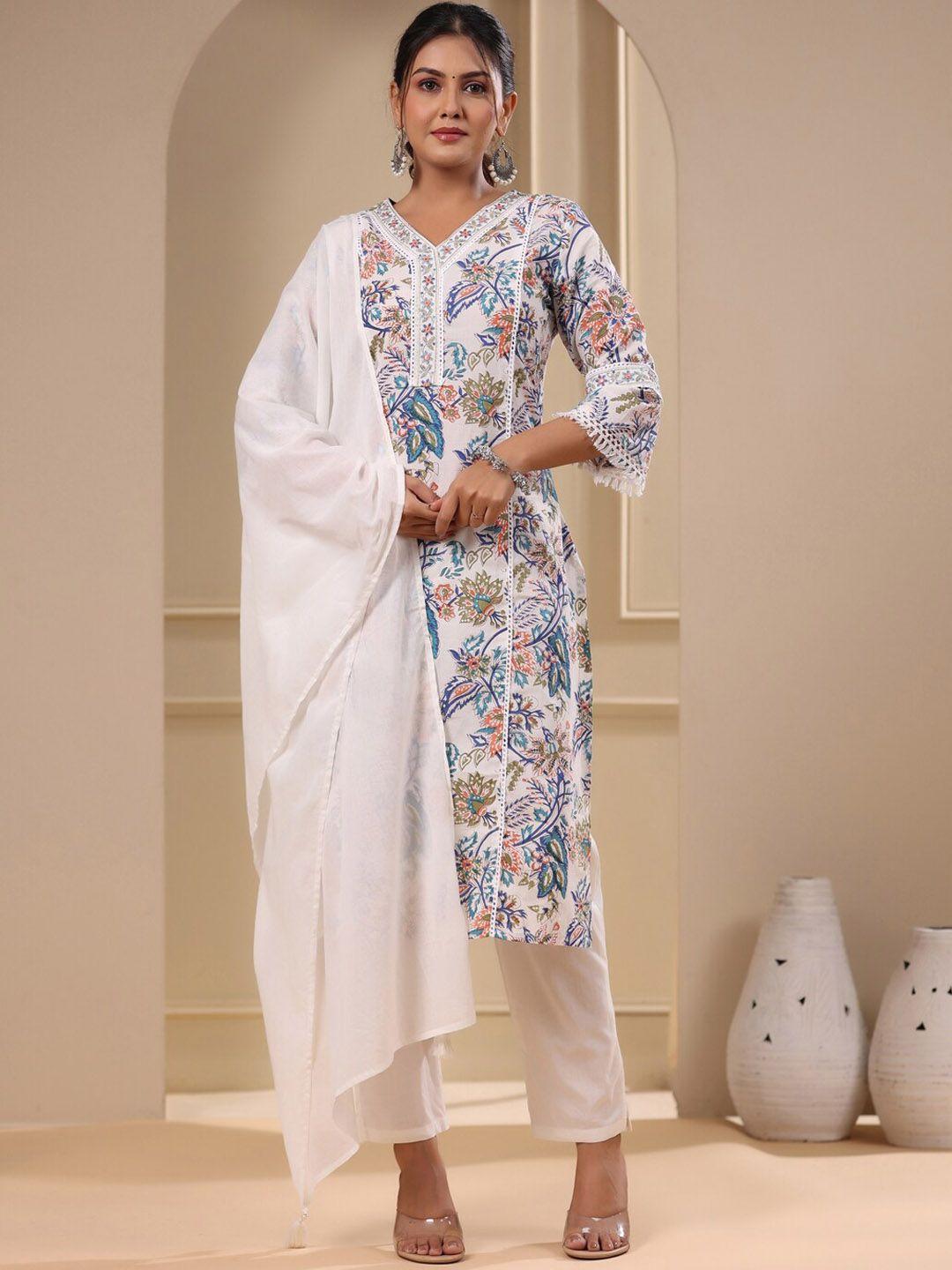 fashor women floral printed regular mirror work pure cotton kurta with trousers & with dupatta