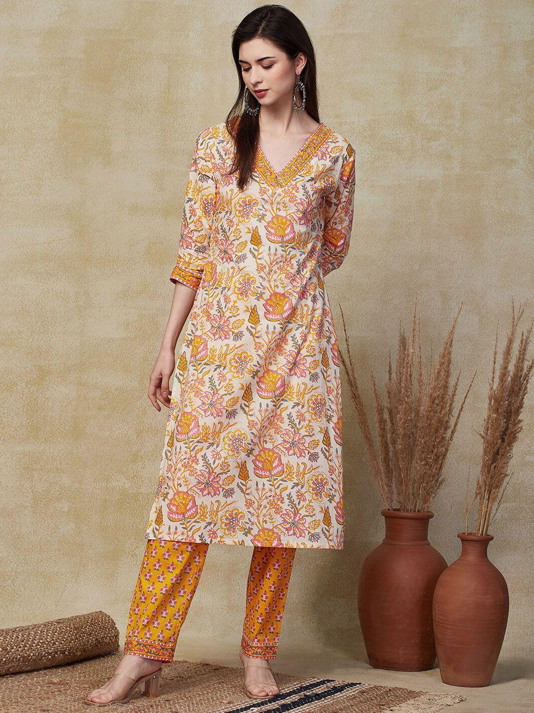 fashor women floral printed regular pure cotton kurta with trousers