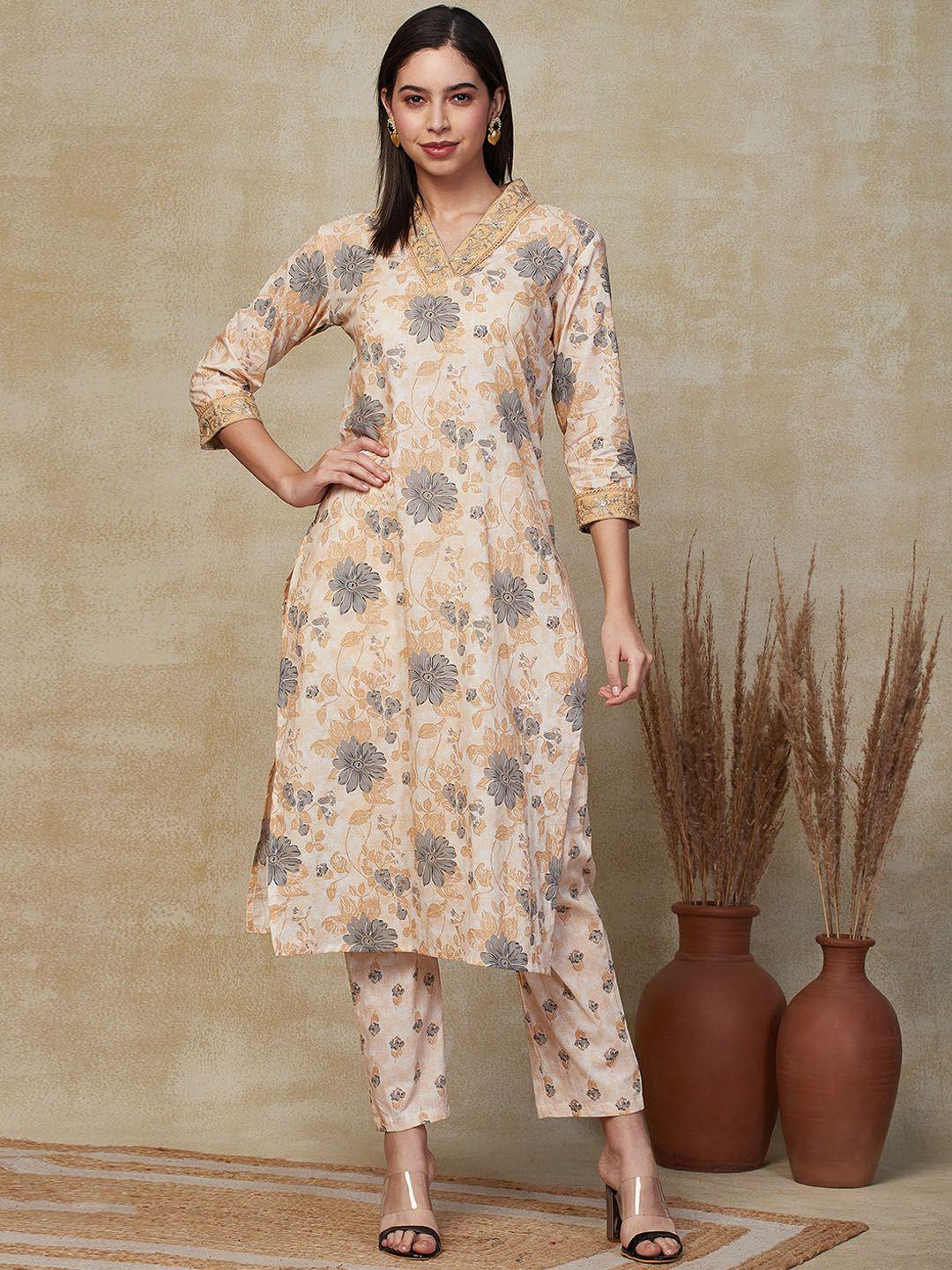 fashor women floral printed regular thread work pure cotton kurta with trousers