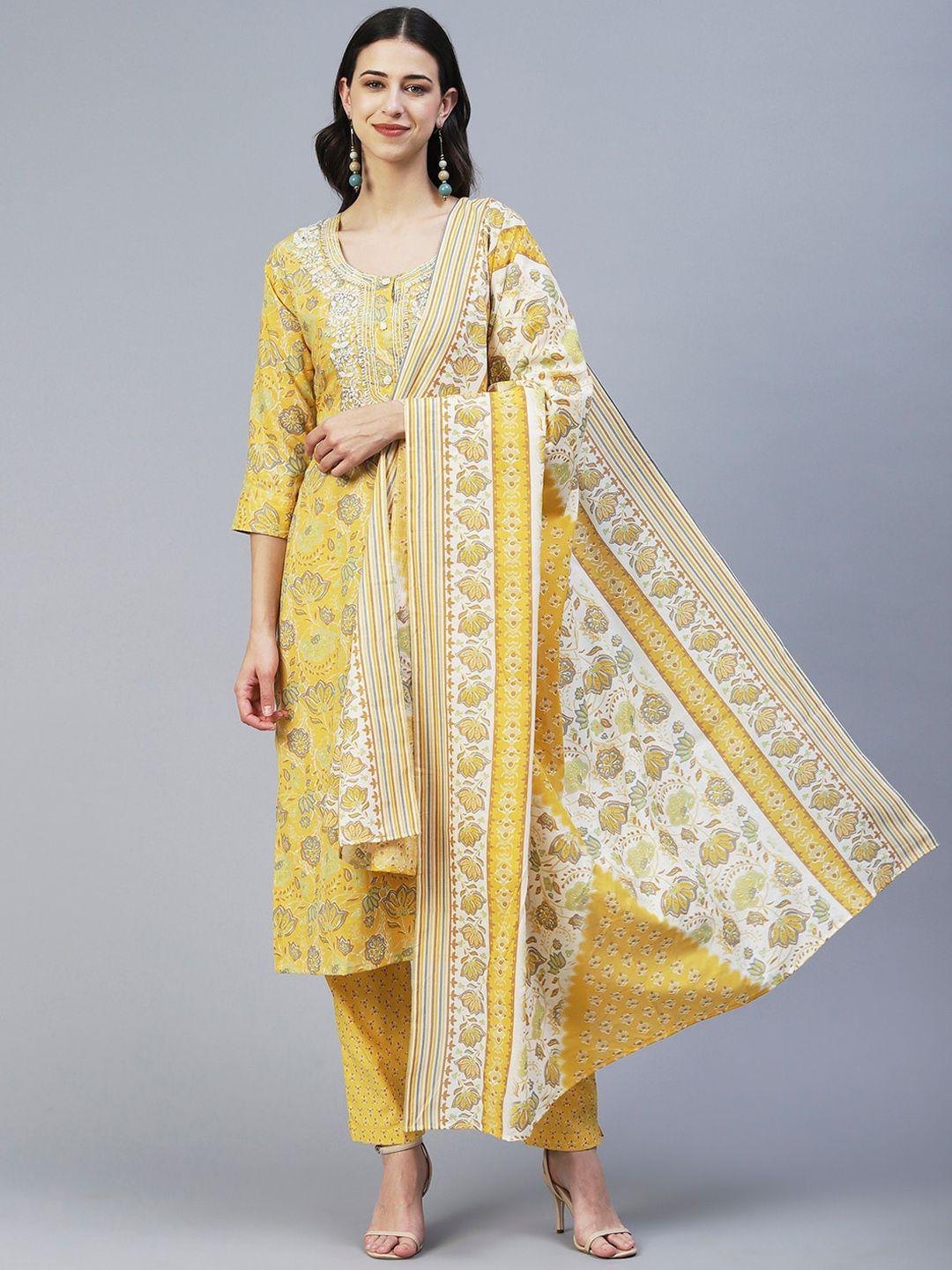 fashor women floral printed thread work pure cotton kurta with trousers & dupatta set