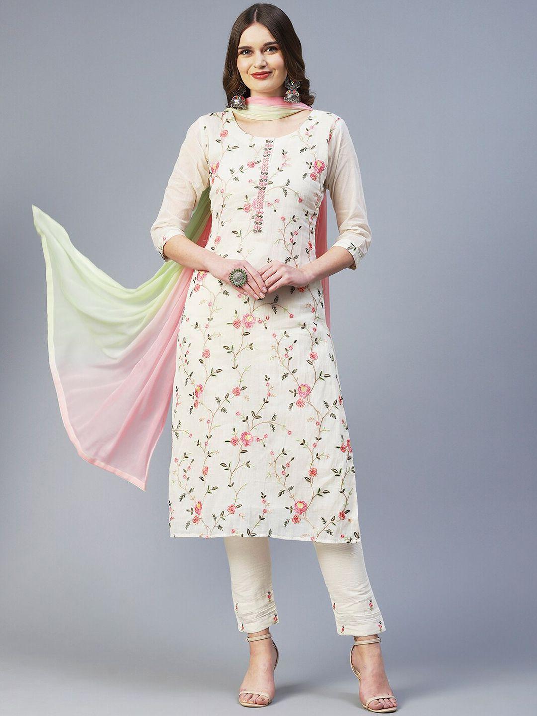 fashor women floral thread work chanderi cotton kurta with trousers & dupatta