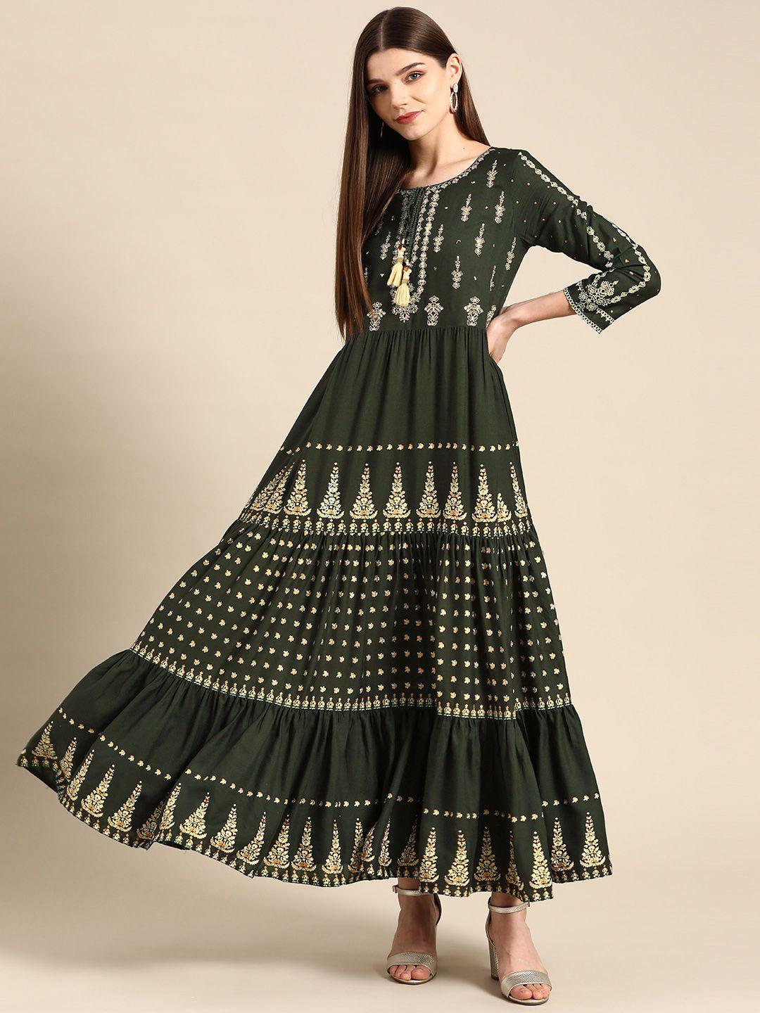 fashor women green & golden foil printed maxi dress