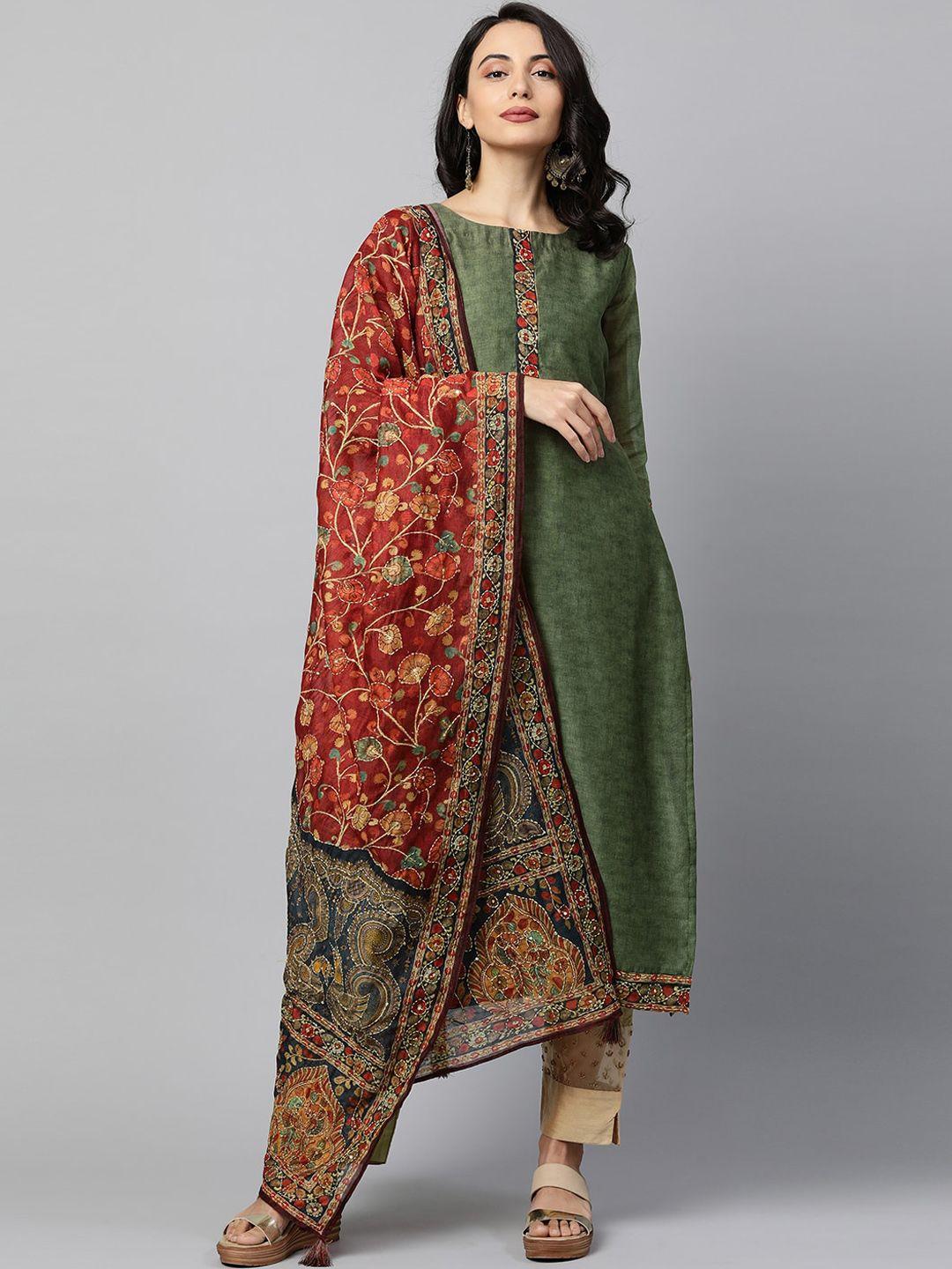 fashor women green & maroon ethnic motifs printed chanderi silk kurta