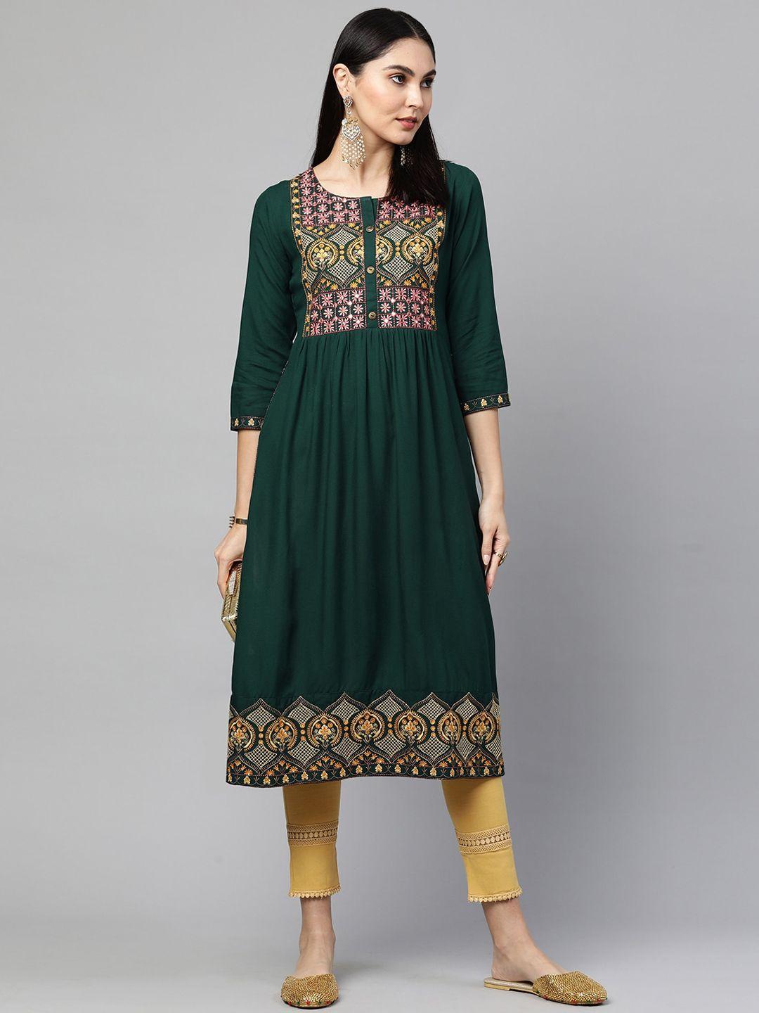 fashor women green & pink ethnic motifs yoke design thread work kurta