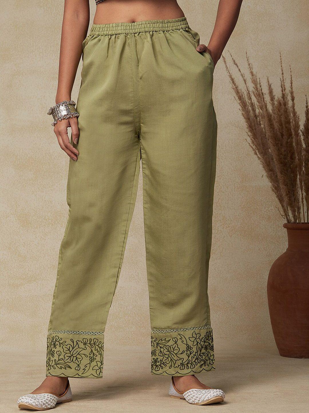 fashor women green comfort mid-rise trousers
