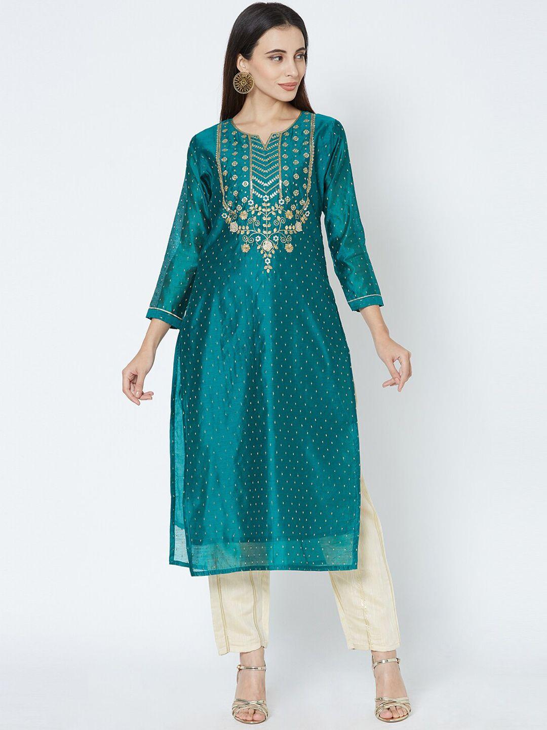 fashor women green embroidered straight kurta