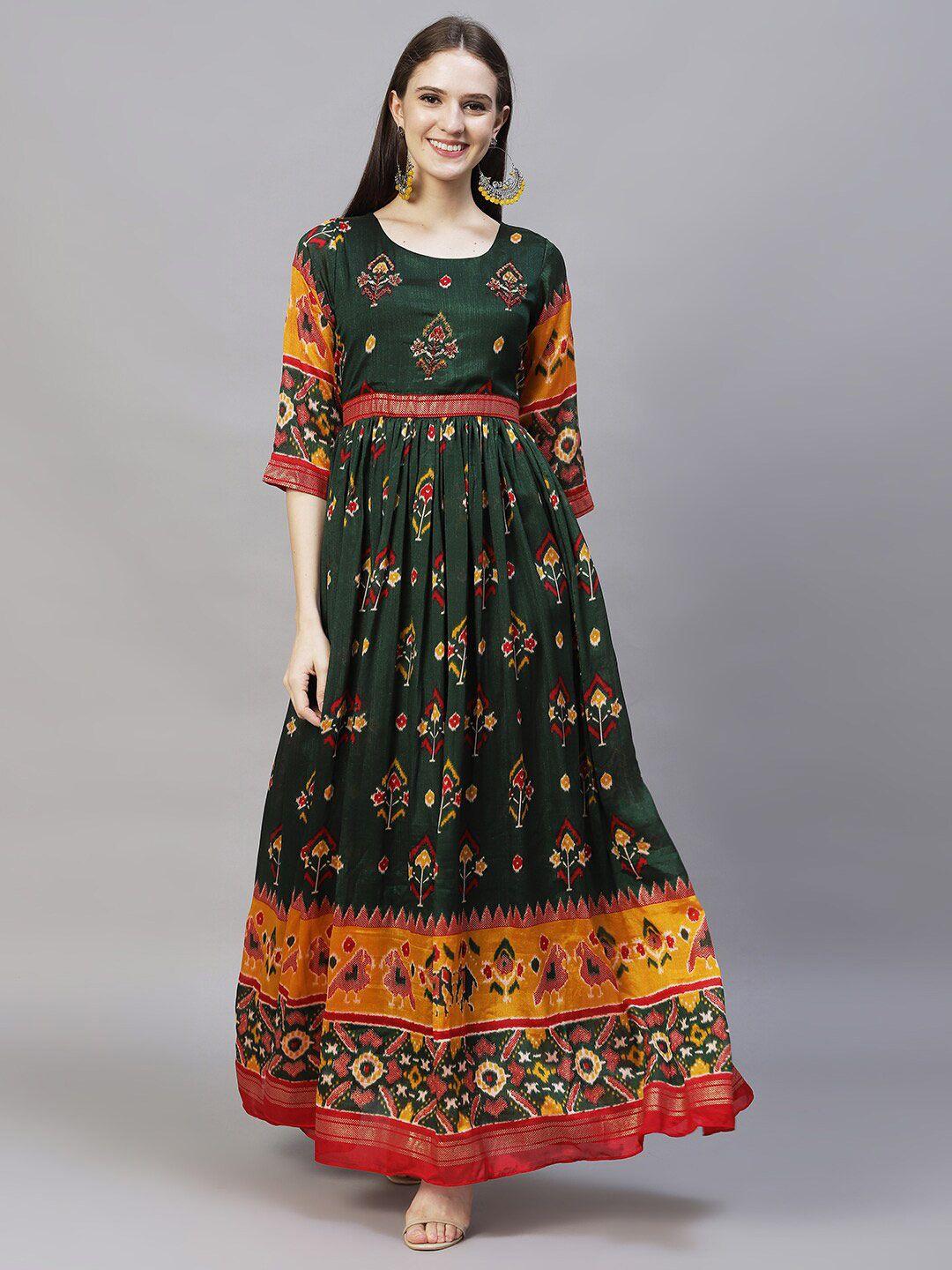 fashor women green ethnic motifs chiffon hand embroidered maxi dress