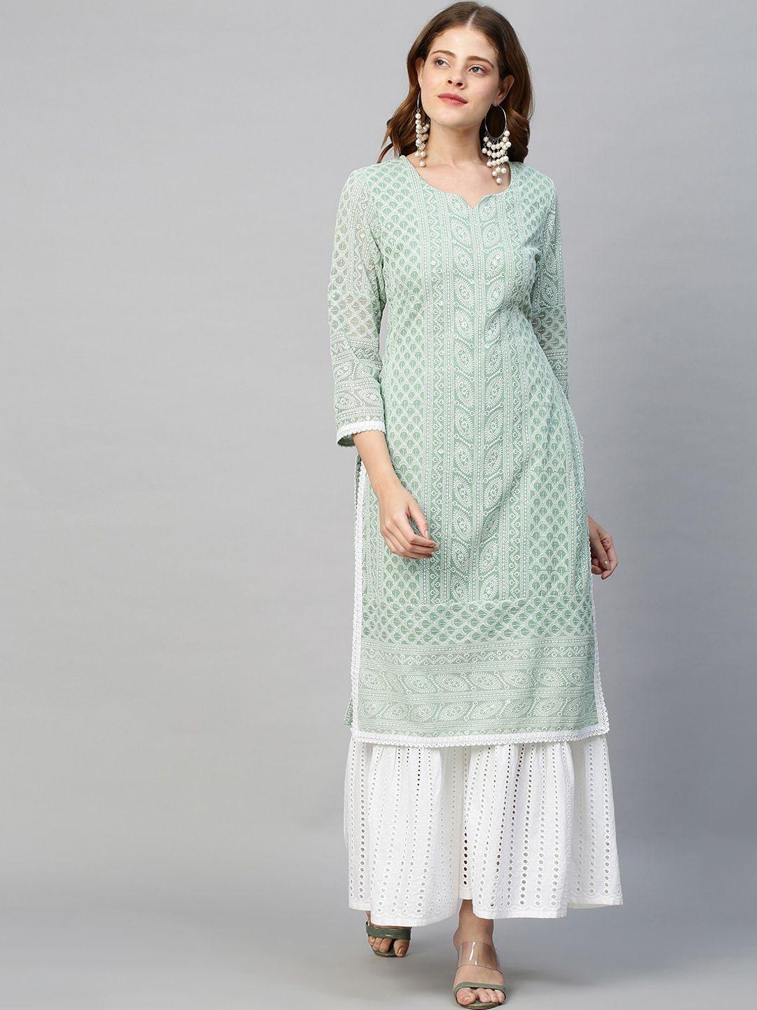 fashor women green ethnic motifs embroidered chikankari georgette kurta