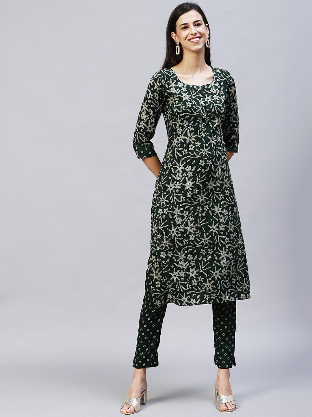 fashor women green ethnic printed straight fit kurta with pants