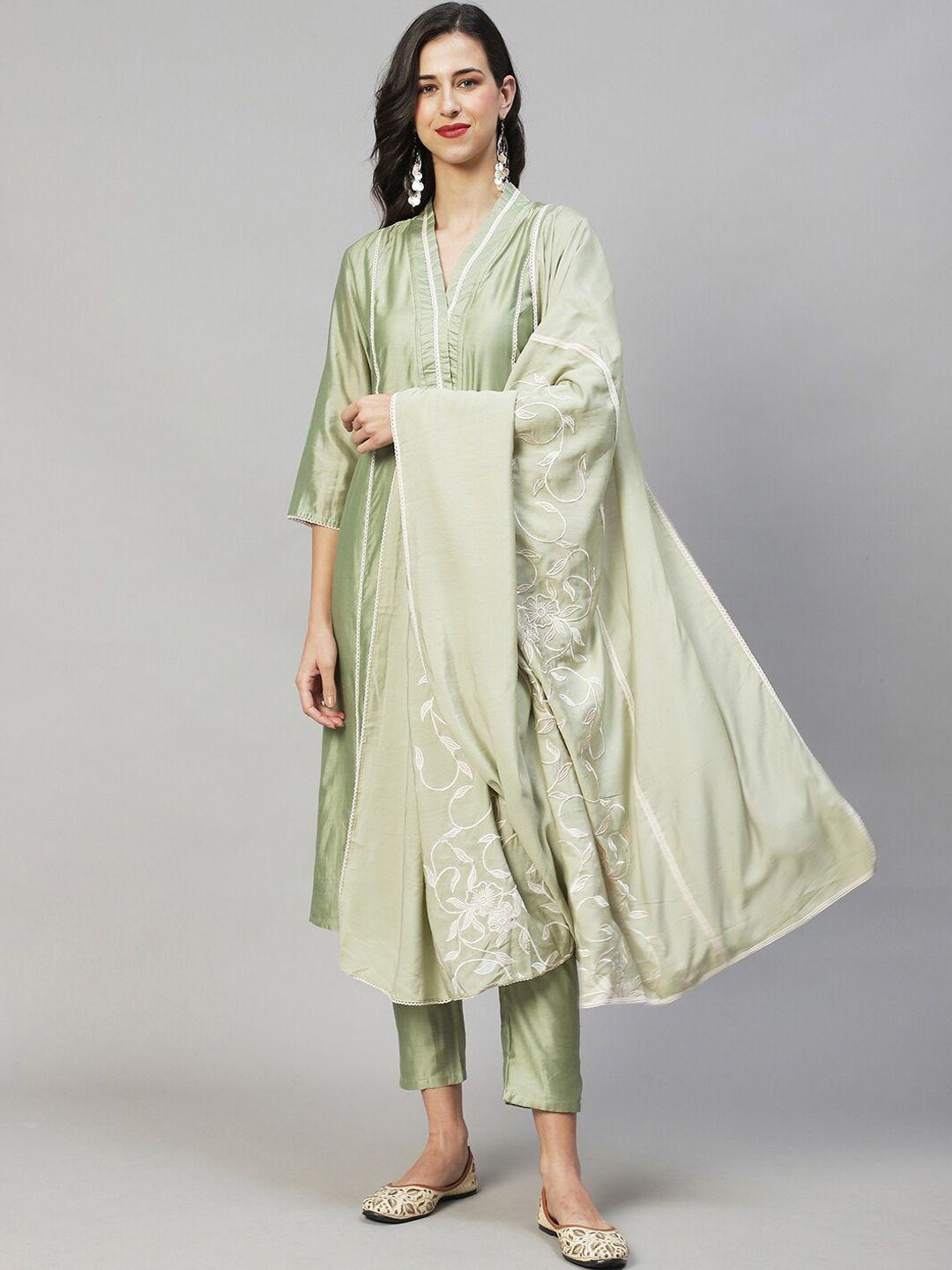 fashor women green floral a-line embroidered kurta with trousers & dupatta