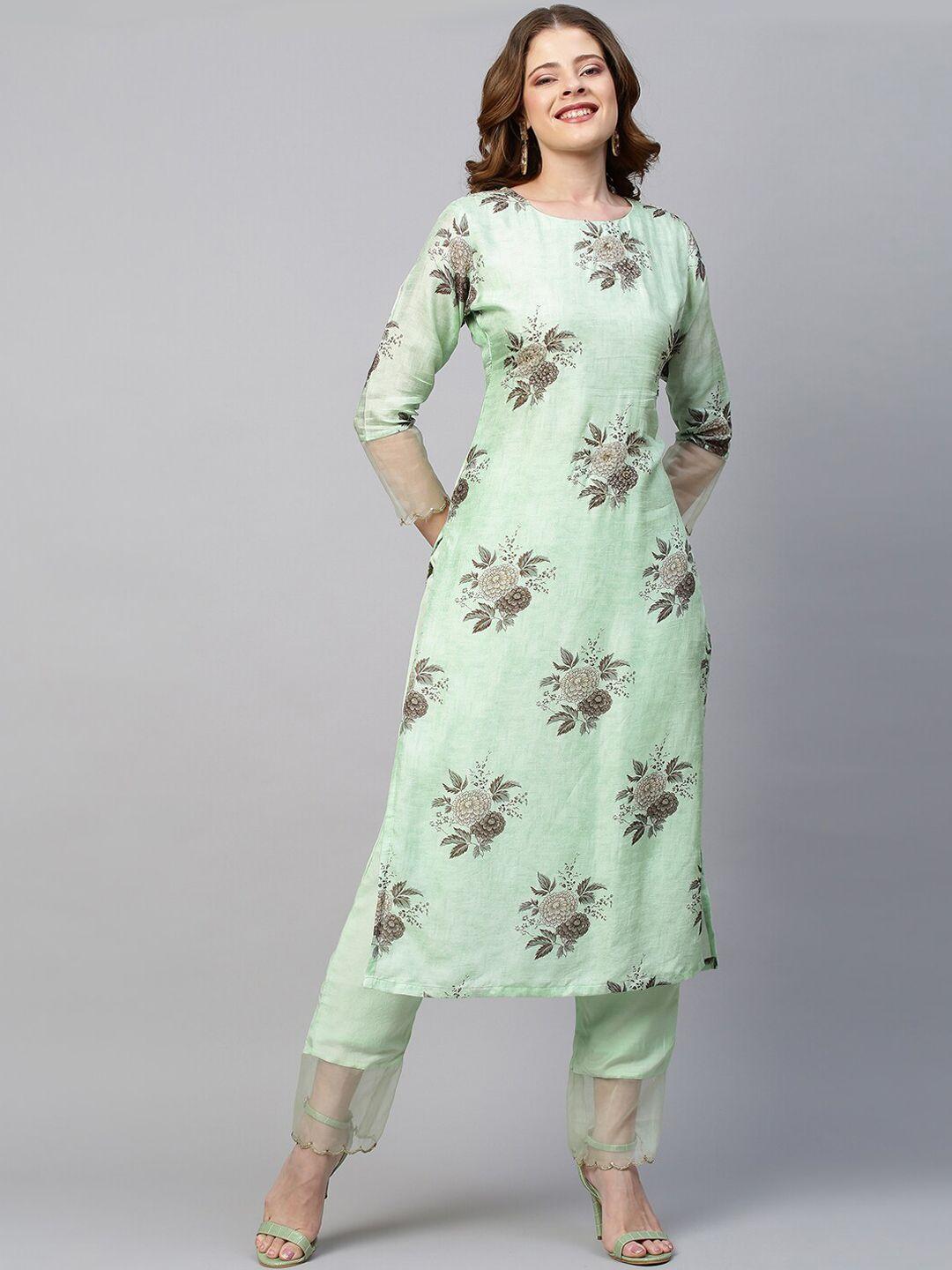 fashor women green floral embroidered  kurta with trousers