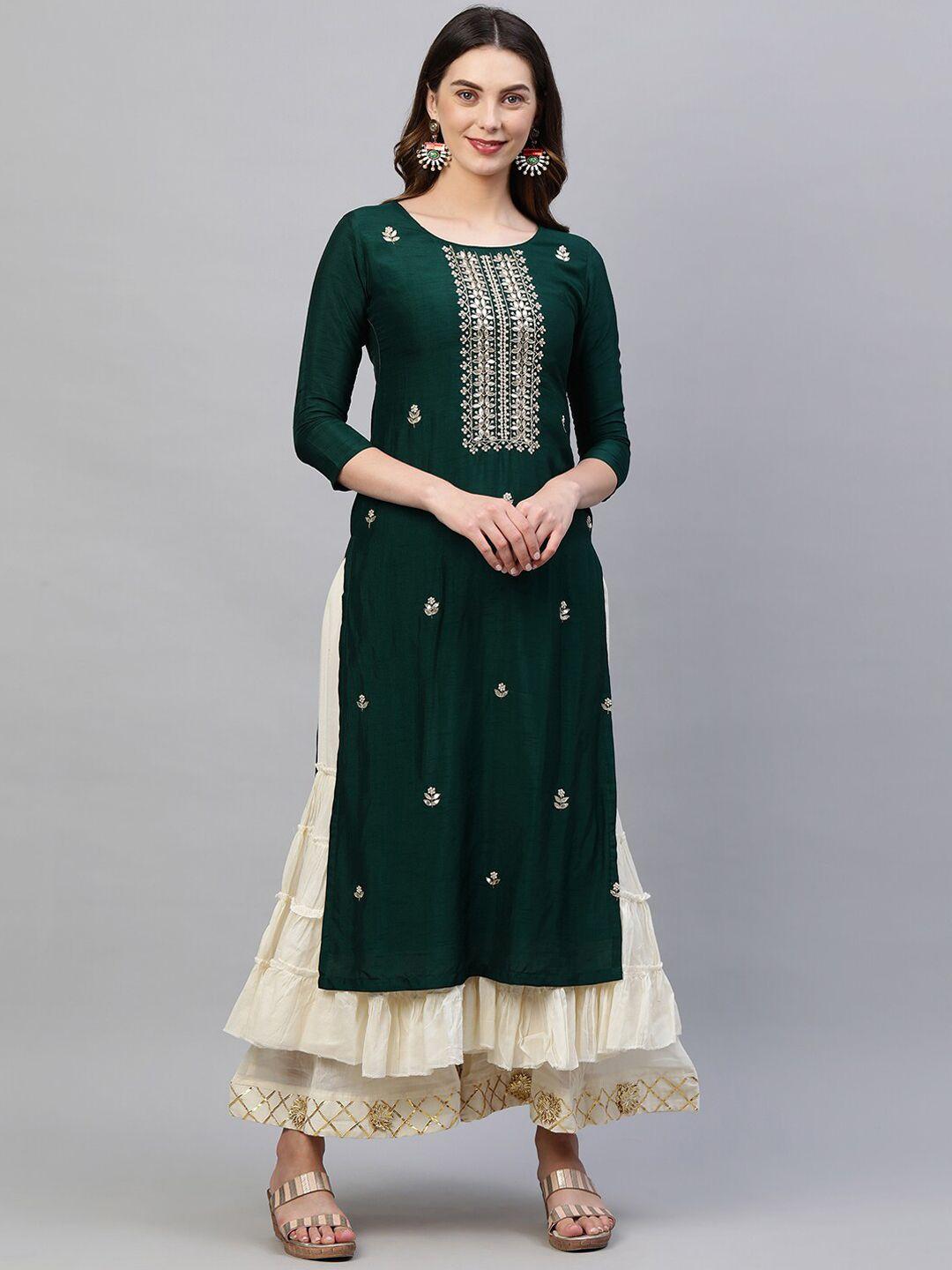 fashor women green floral embroidered thread work dupion silk straight kurta