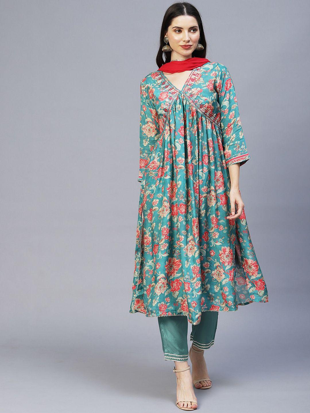 fashor women green floral printed pleated a-line kurta with trousers & with dupatta