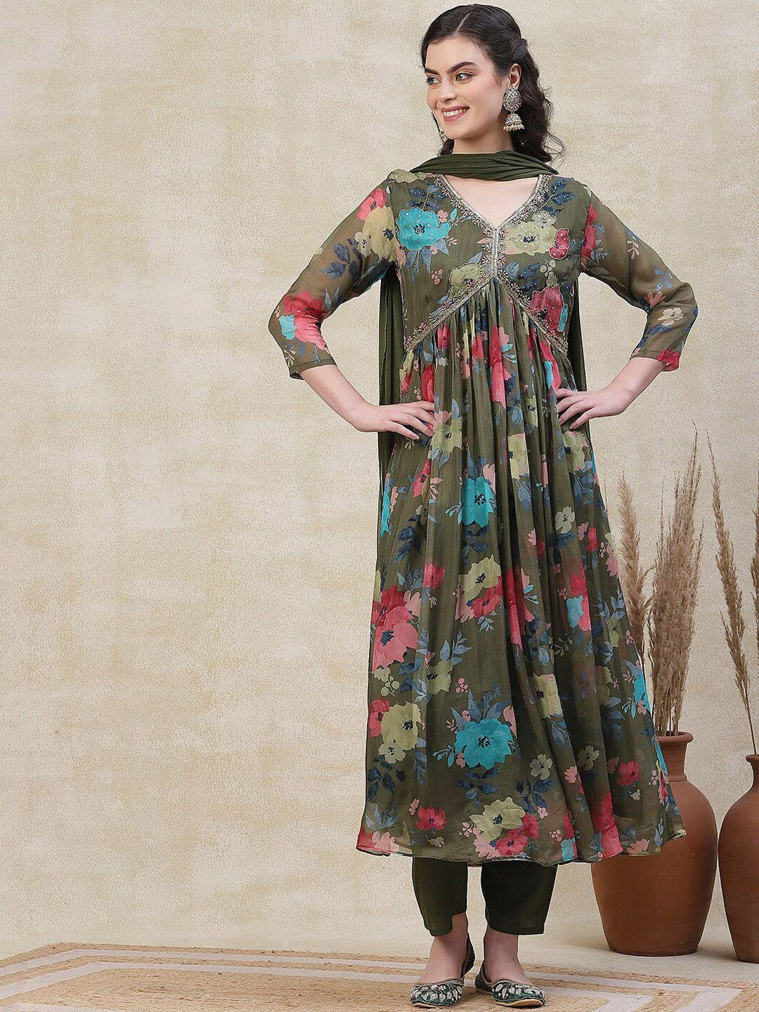 fashor women green floral printed pleated mirror work kurta with trousers & with dupatta