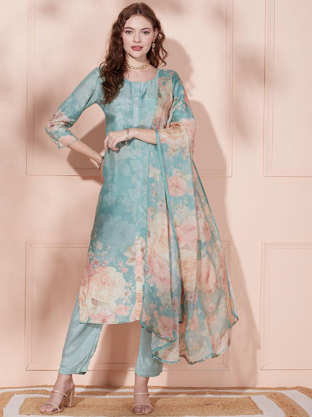 fashor women green floral printed regular beads and stones kurta with trousers & with dupatta