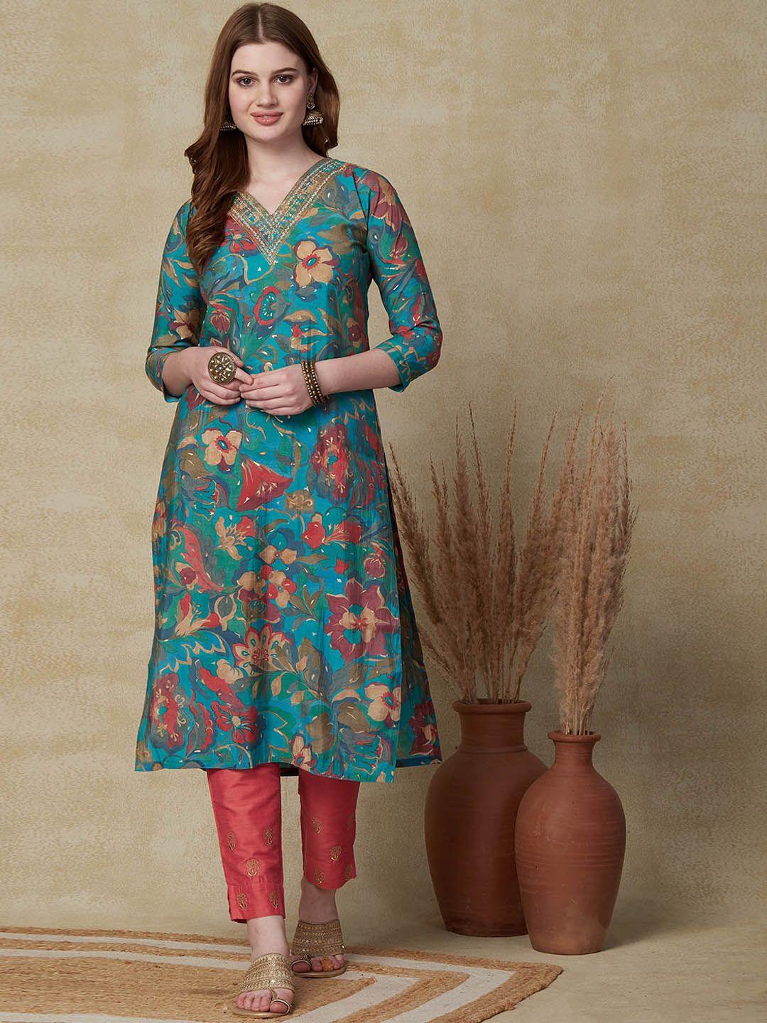 fashor women green floral printed sequinned kurta