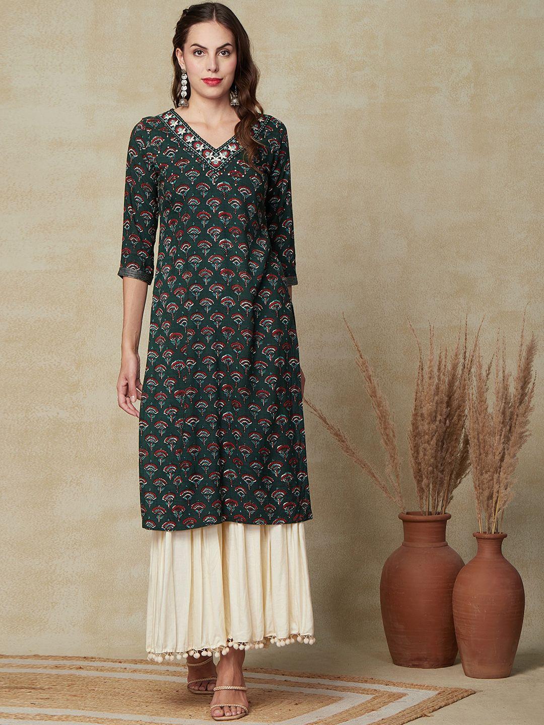 fashor women green geometric printed thread work kurta