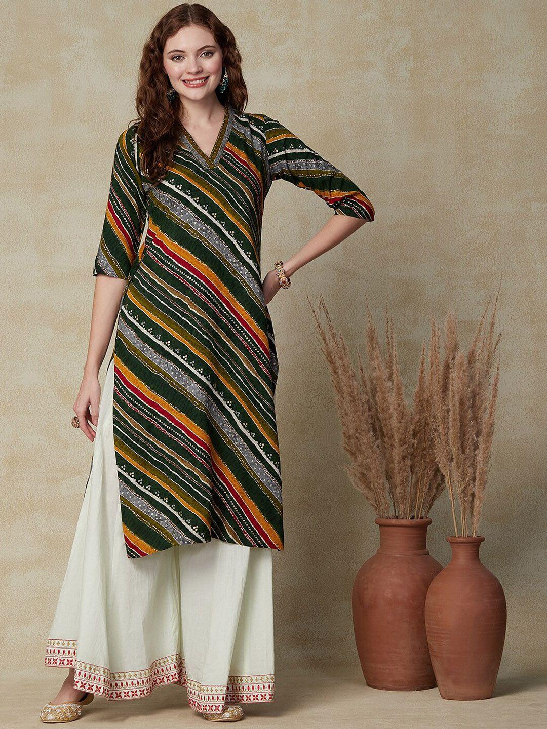 fashor women green geometric striped gotta patti kurta