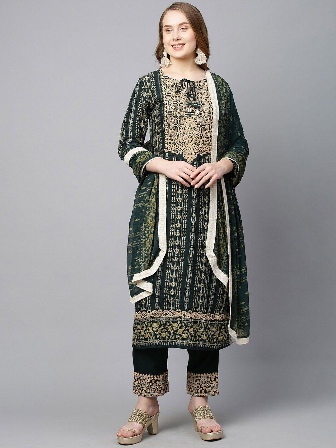 fashor women green printed mirror work kurta with palazzos with dupatta