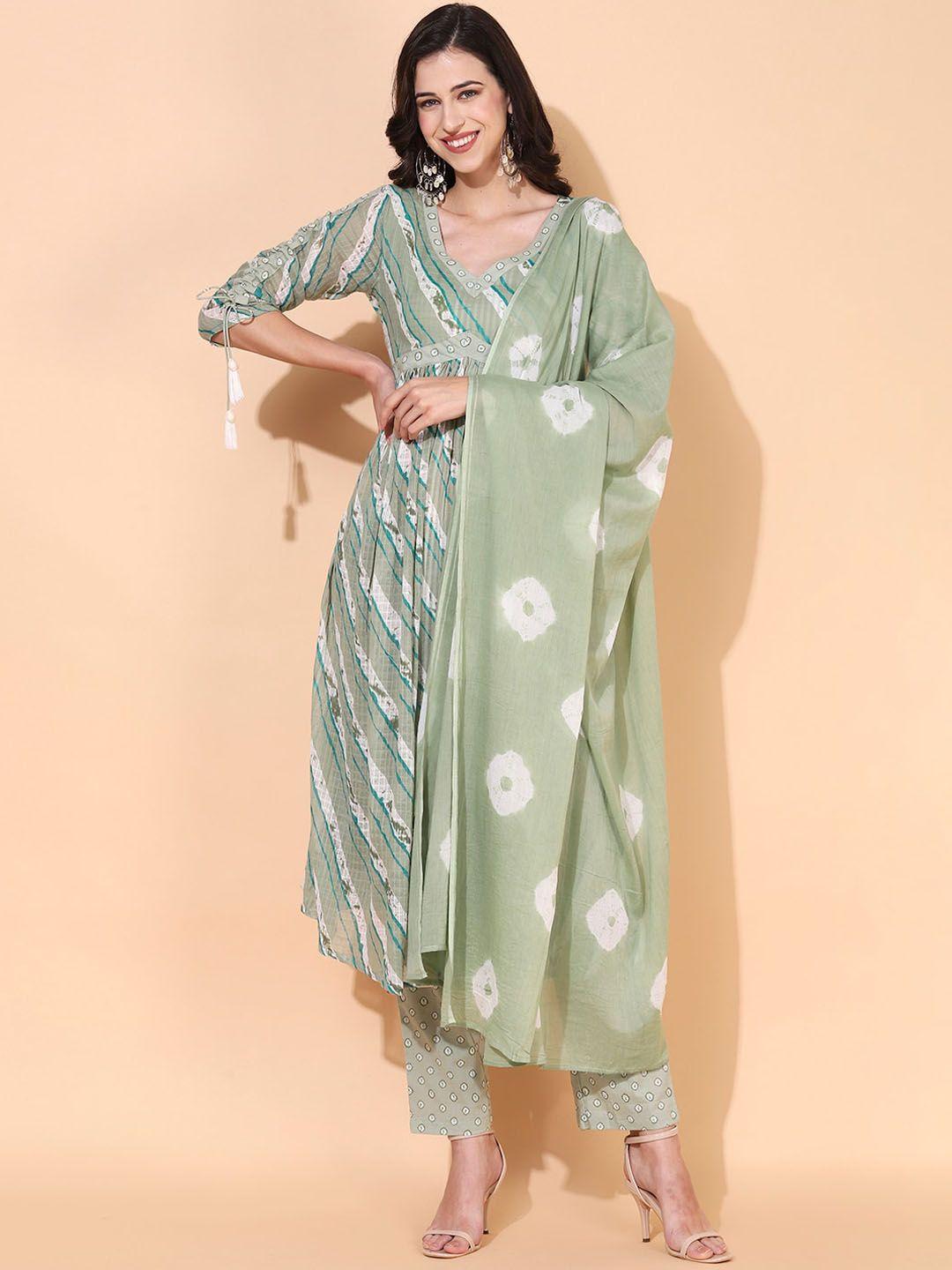 fashor women green printed pleated kurta with trousers & with dupatta