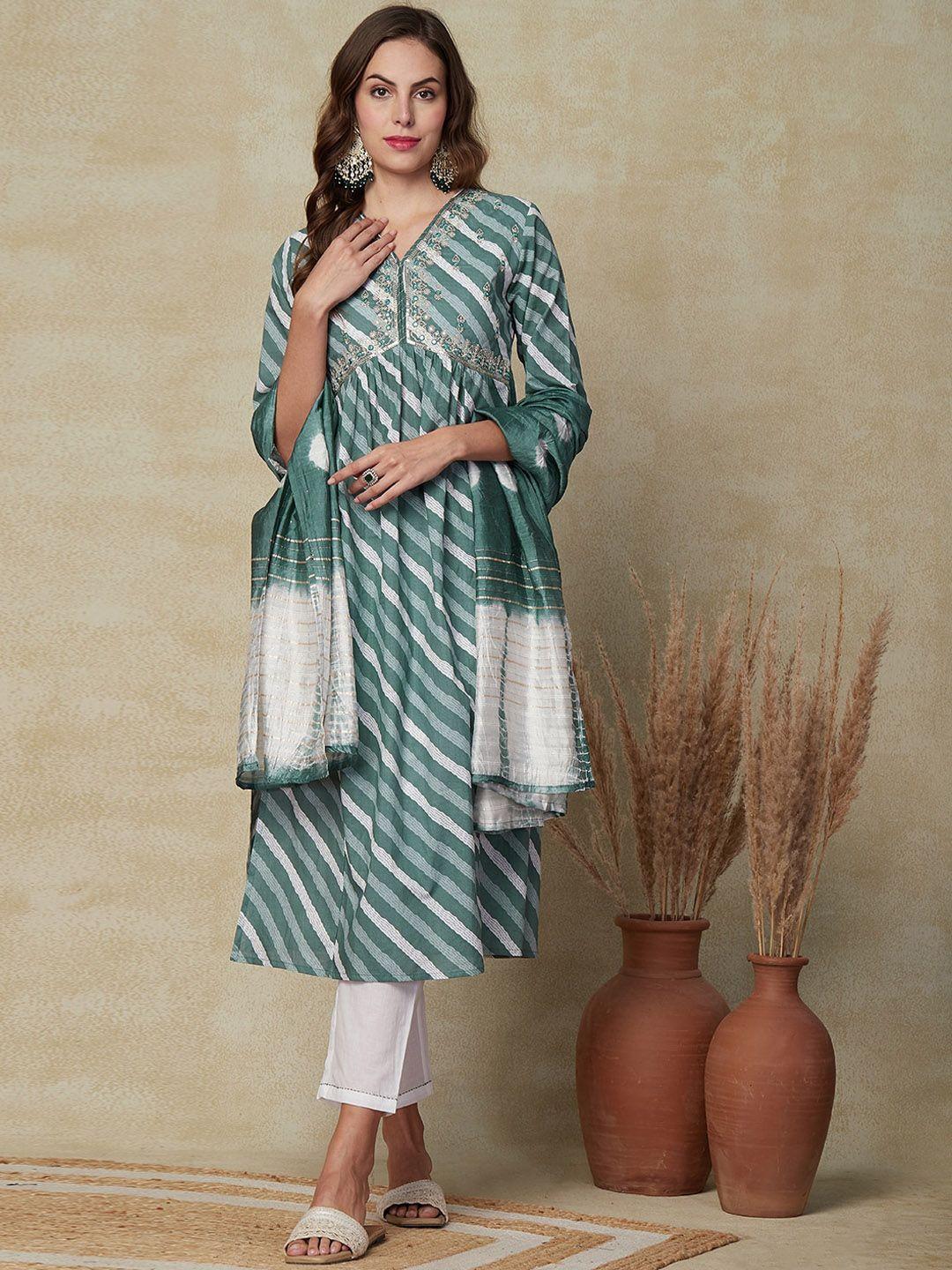 fashor women green striped pleated mirror work pure cotton kurta with trousers & with dupatta