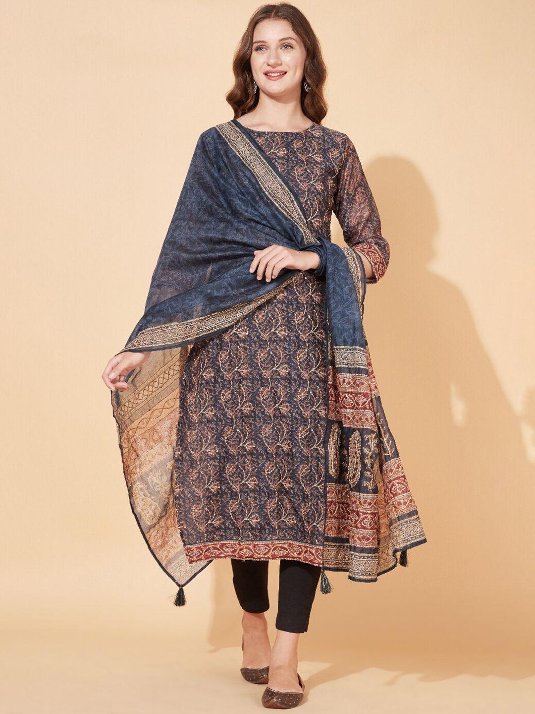 fashor women grey & maroon ethnic motifs printed chanderi silk kurta