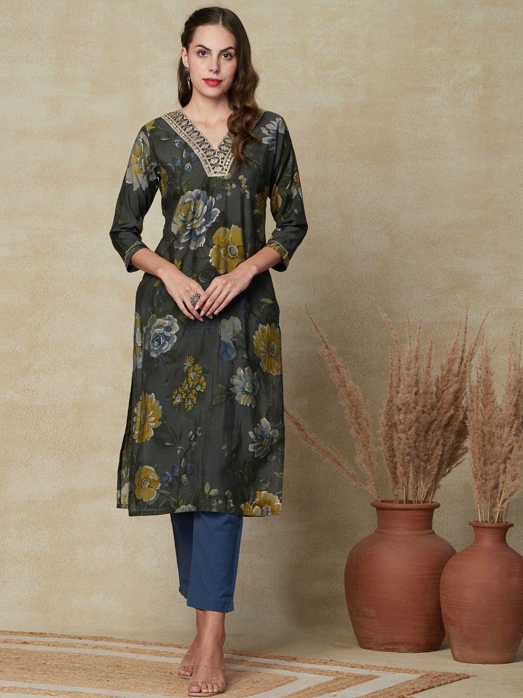 fashor women grey ethnic motifs flared sleeves sequinned kurta