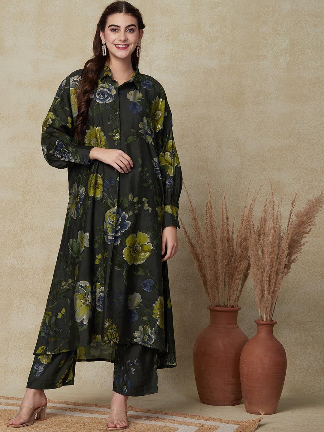 fashor women grey floral printed regular kurta with palazzos