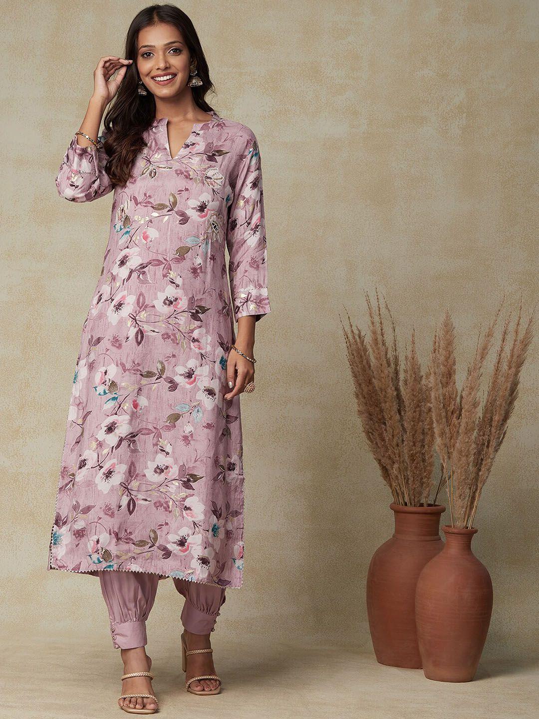 fashor women lavender floral printed regular beads and stones kurta with harem pants