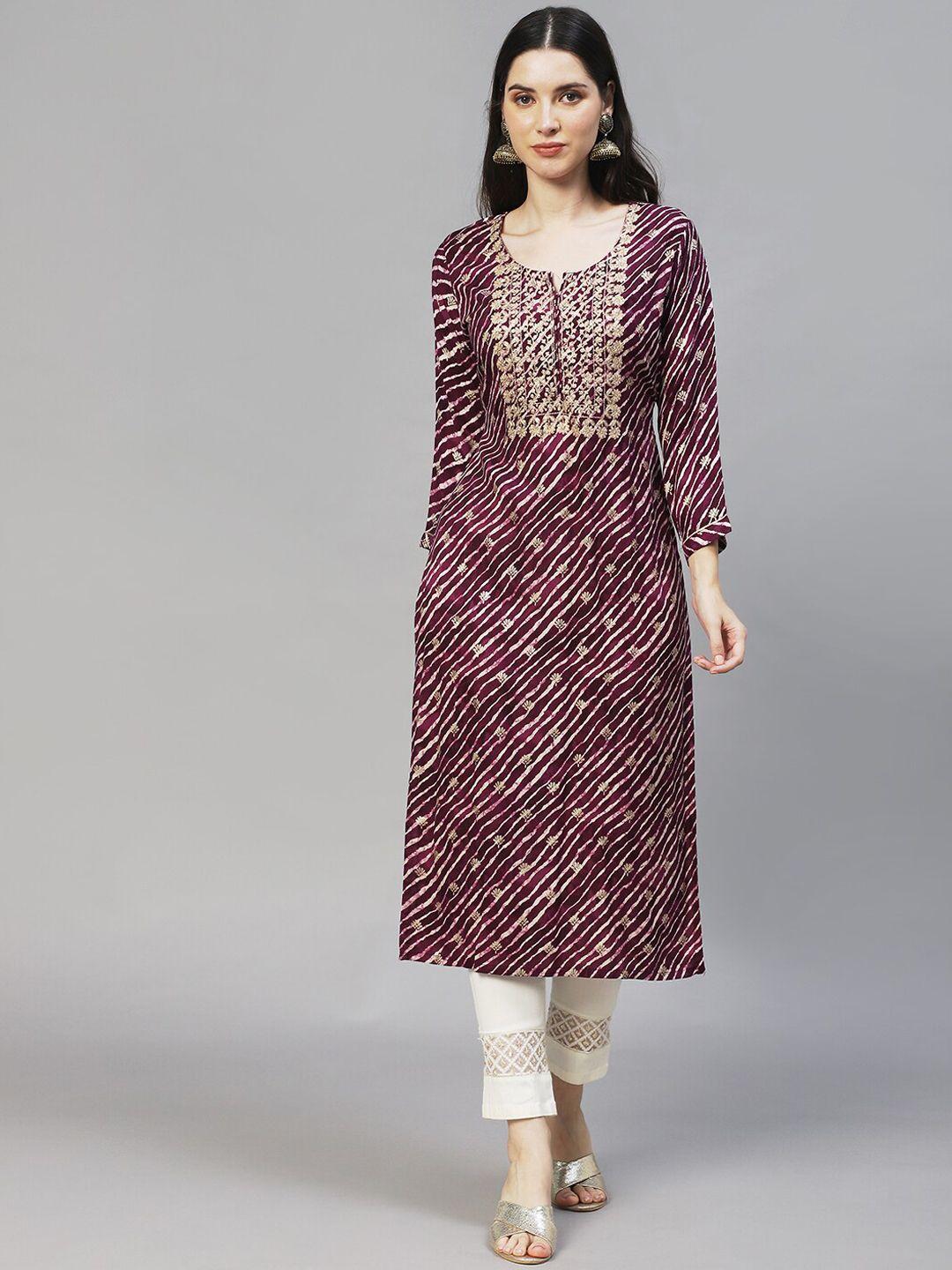 fashor women leheriya  printed & embroidered straight fit kurta deep purple kurta