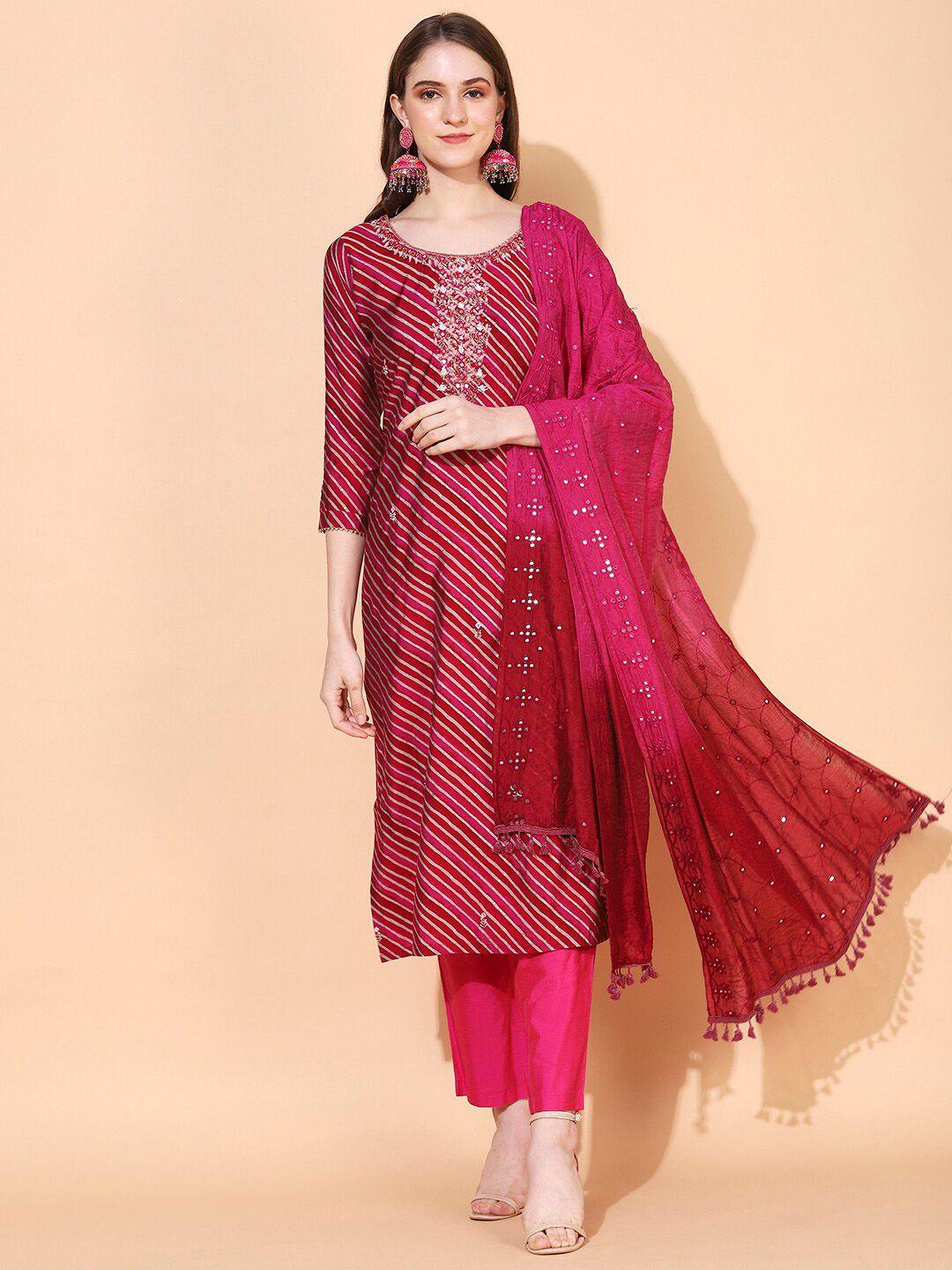 fashor women magenta & burgundy leheriya printed thread work straight kurta & dupatta