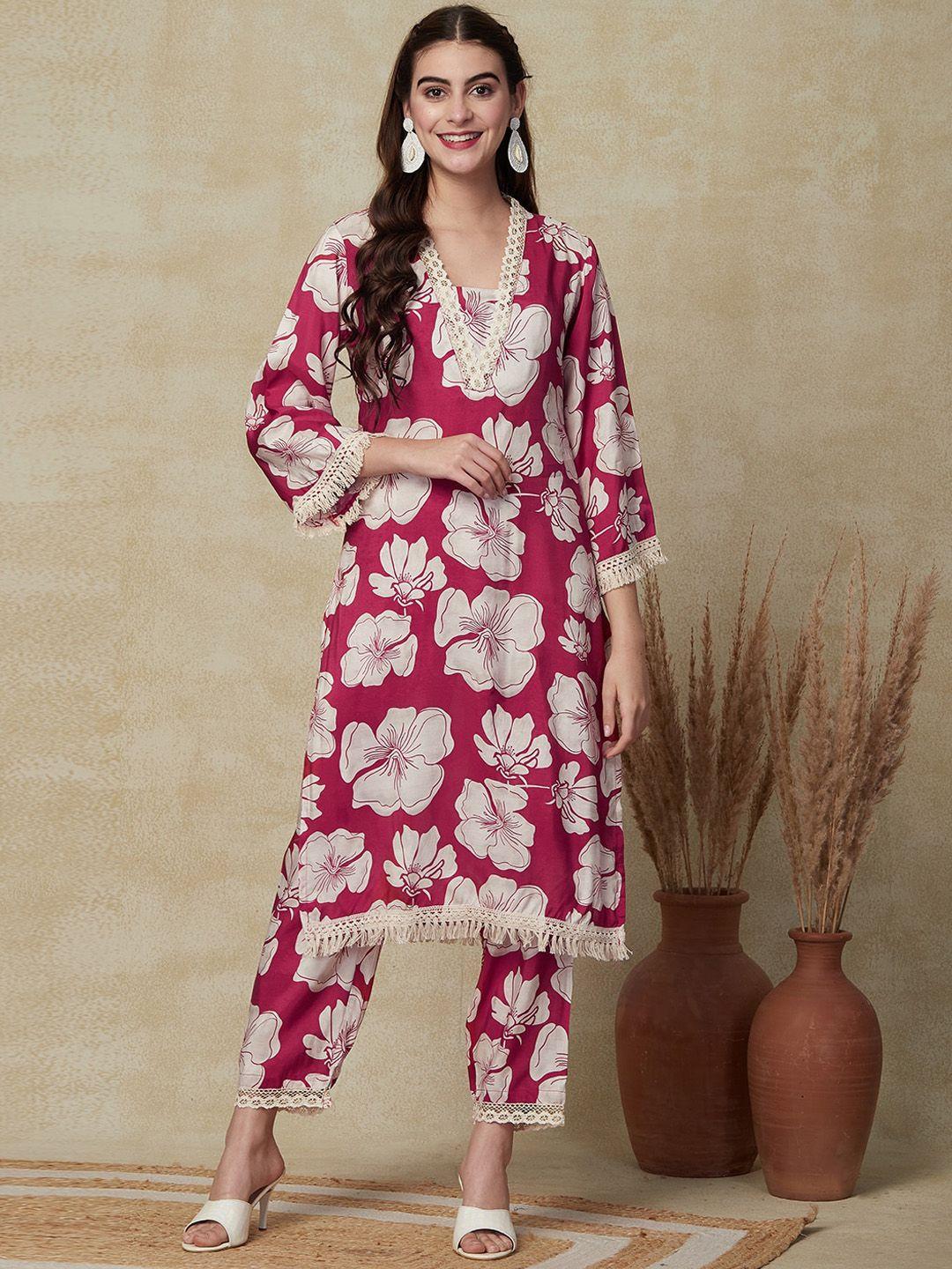 fashor women magenta floral printed regular kurta with trousers