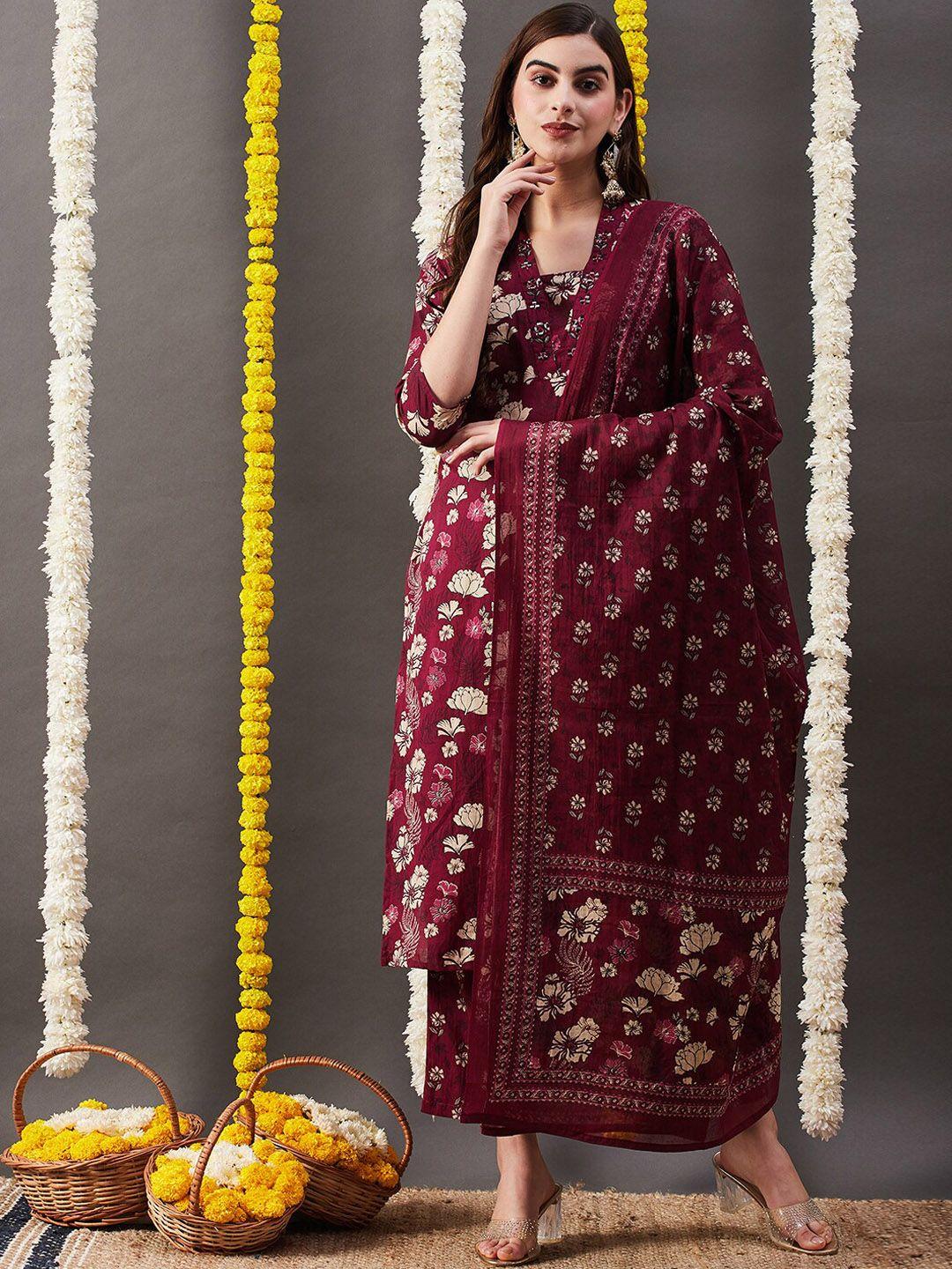 fashor women magenta floral printed regular mirror work pure cotton kurta with trousers & with dupatta
